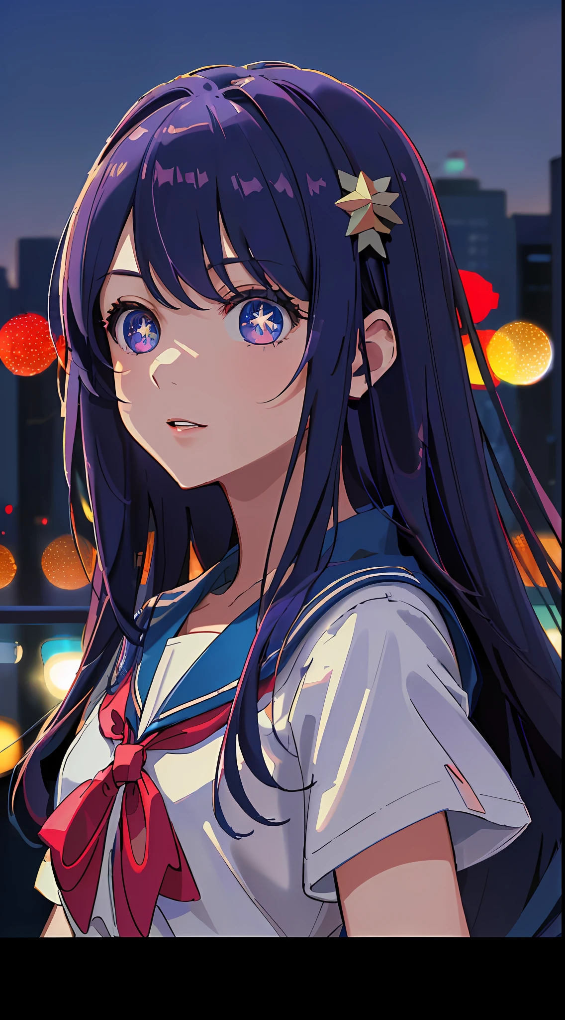 (((masterpiece: 1.5, best quality, high resolution: 1.3, super resolution, super detailed, ultra detailed:1.3, rich background:1.2))), ((face close up)), 1girl, solo, school uniform, white serafuku, red sailor collar, short sleeves, blue pleated skirt, (outdoor), ((downtown)), (crowd), ((japan vibes: 1.3)), scenery, ((nighttime)), dark, (lowlight: 1.1), moon, (moonlight: 1.2), ((dynamic light: 1.4)), (bokeh:1.2)