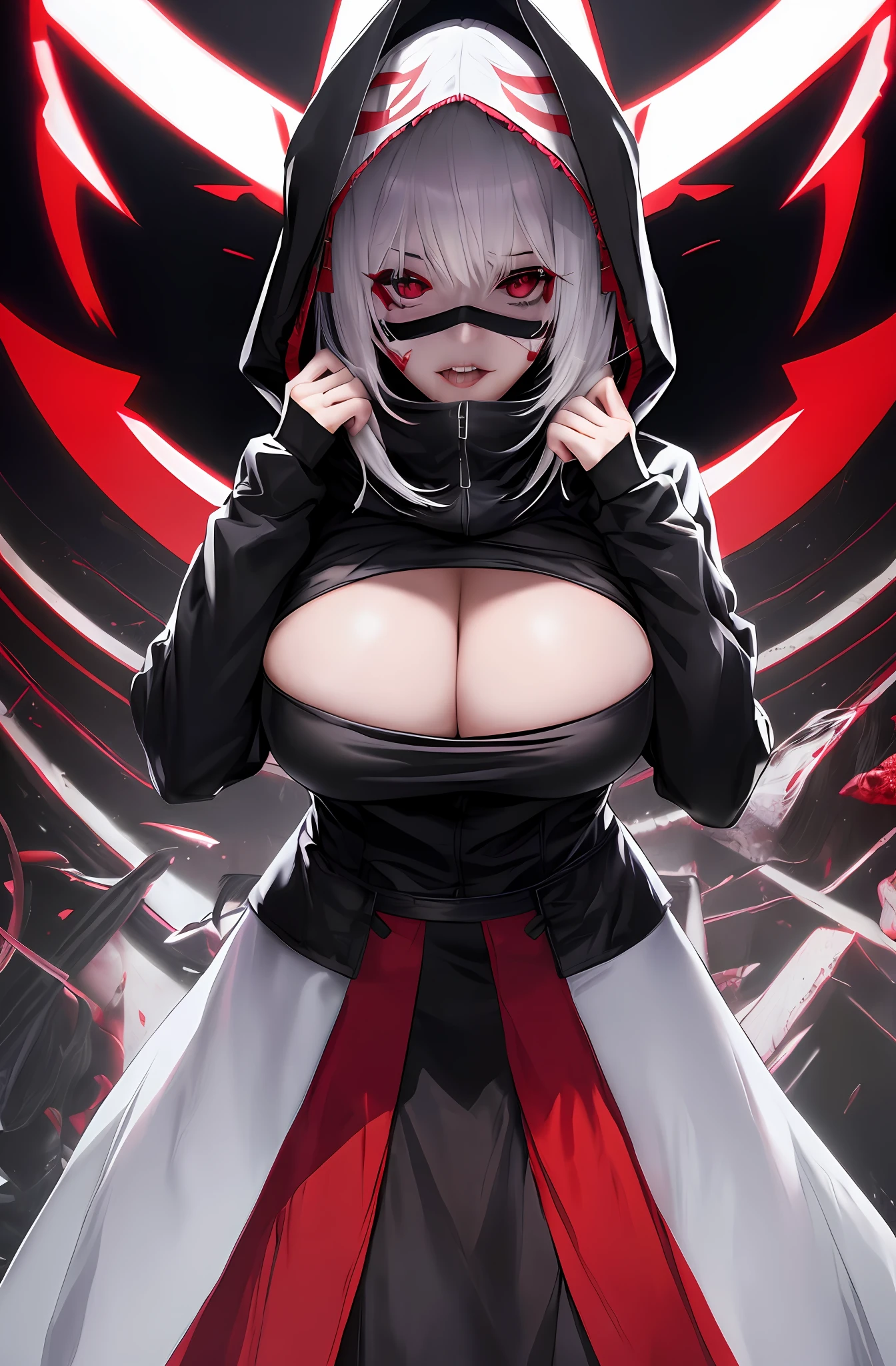 Female Vtuber version of Kaneki, sexy, busty, large breasts exposed, nearly naked, sfw, kk, best quality, more details, masterpiece, 1 girl kaneki ken, portrait, close-up, female focus, red eyes, solo, mask, black nails, bangs, looking at viewer, hood, short hair, black background, hand up, hood up, nail polish, mouth mask, teeth, white hair, black mask, luxurious, 8k, detailed, ray tracing, depth of field, cinematic lighting, blood,