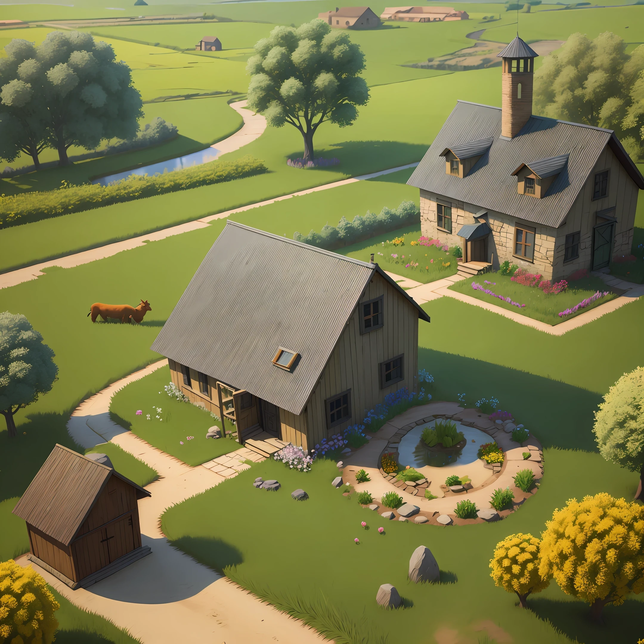 Game architecture design, cartoon, farm, stone, brick, grass, river, flowers, vegetables, wheat, trees, animals, casual play style, 3d, blender, masterpiece, super detail, best quality