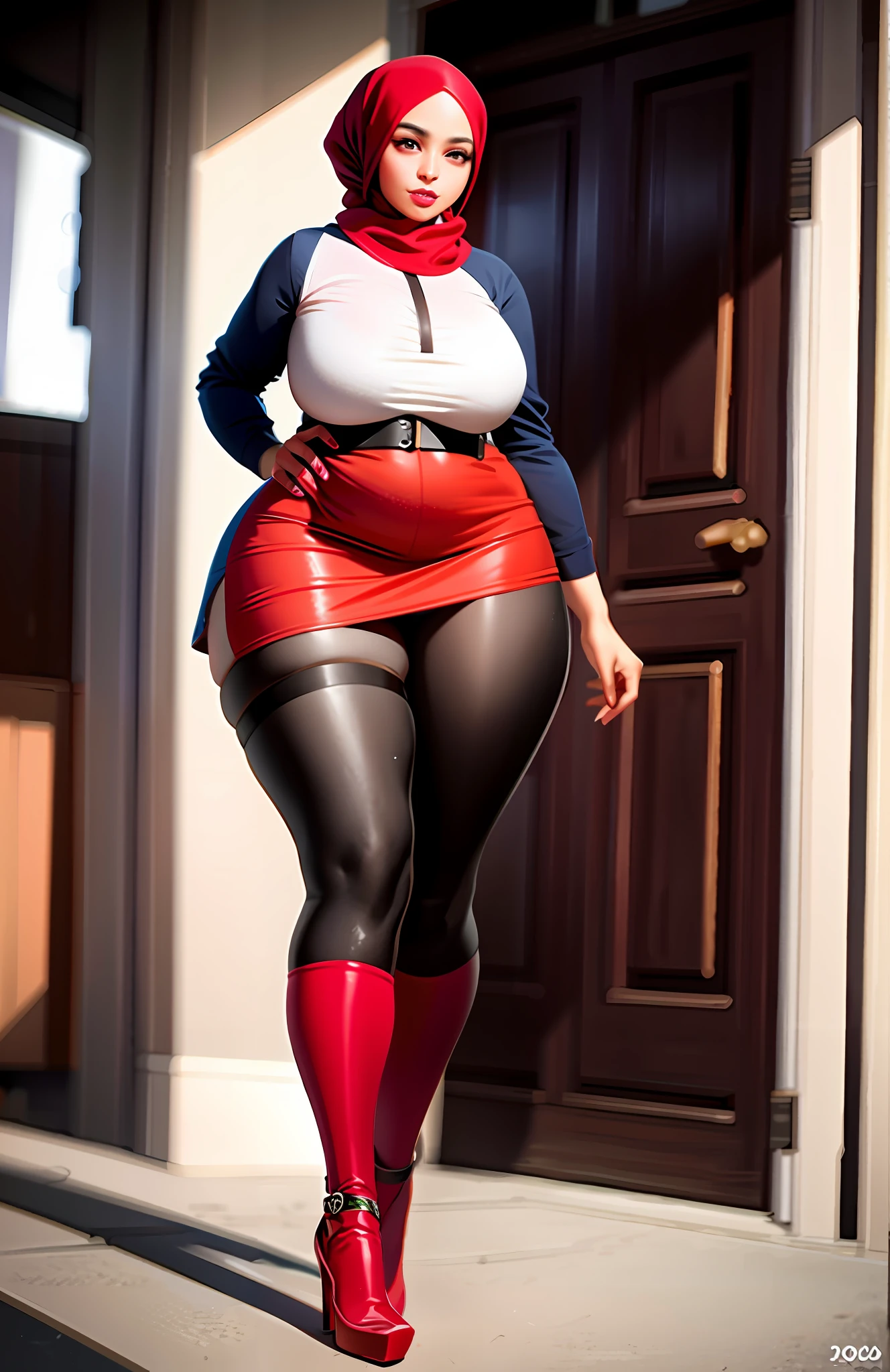 there is hijabi  sexy woman from behind in a red sluty dress and heels standing airplane, thick legs, full body picture, outfit photo, photo taken in 2 0 2 0, she has a jiggly fat round belly, wide full body, thighhighs and skirt, beautiful thick female, portrait full body, taken in the early 2020s, thick thighs