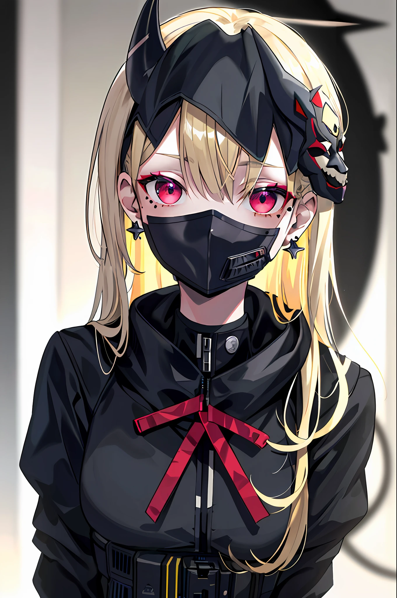 Techwear girl outfit, blonde hair, low-tied long hair, shiny hair, mouth veil, mask removed, mole under eye, crazy eyes, devil eyes, earrings, makeup, lonely, high detail, anime style, depth of field, blurry, drop shadow, outside border, close-up, Nikon, 1080P, HD, masterpiece, high details