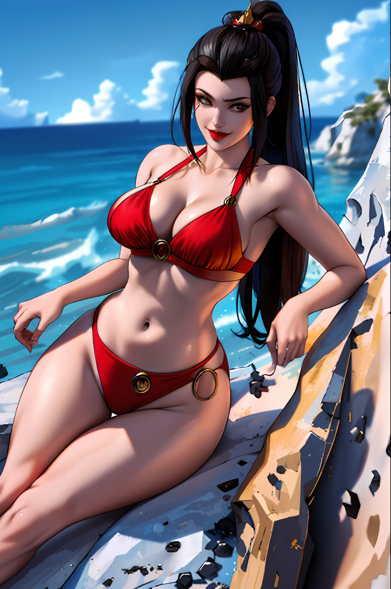 (masterpiece:1.2, best quality), realistic, (real picture, intricate details, depth of field), 1girl, azula, solo, lipstick makeup long hair, highly-detailed, perfect face, red micro bikini, underboob, red micro string, midriff, thick thighs, perfect ass, huge breasts, cleavage, small waist, wide hips, smile, perfect eyes, ocean and rocks background
