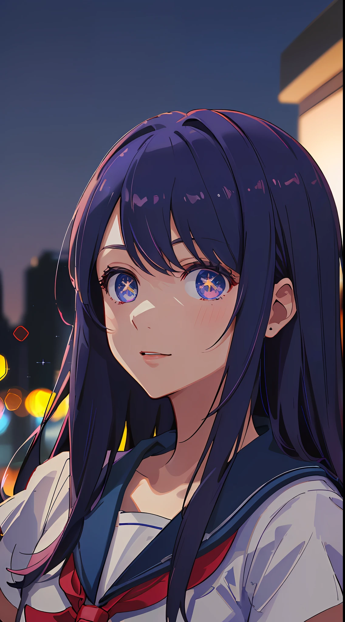 Anime girl with long black hair and blue eyes standing in front of a ...