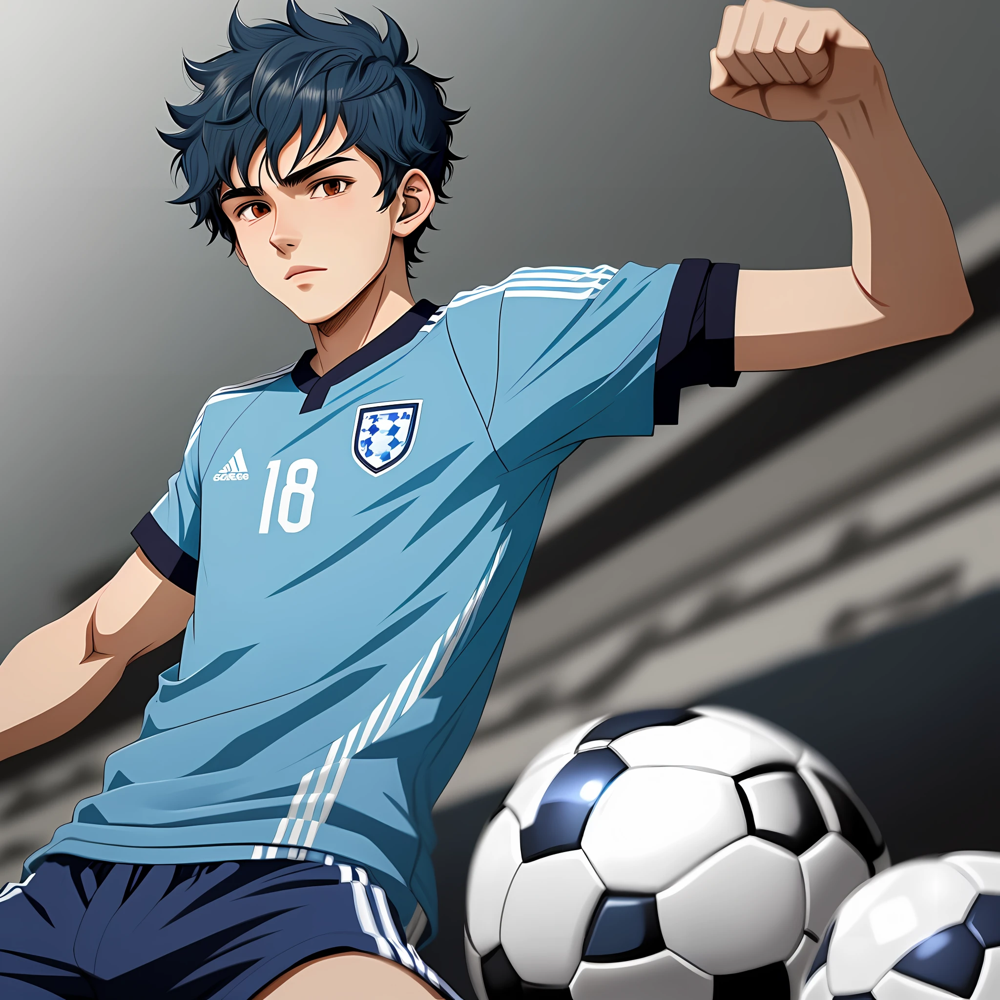 2d illustration portrait in (anime style) of a 1player soccer boy short curly hair blue color 18 year old appearance thin lips, pale skin, soccer field