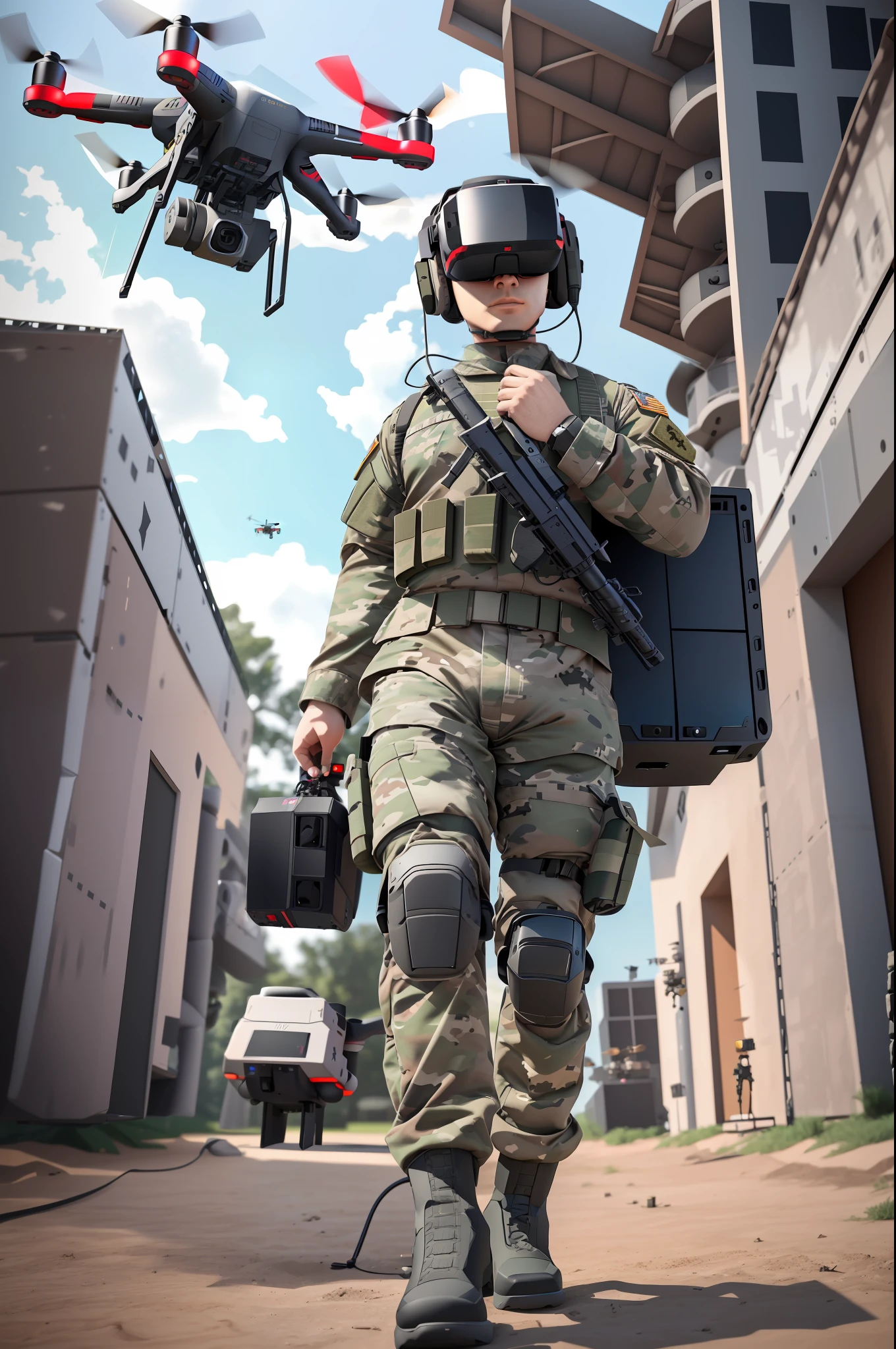 military force wearing vr headset and holding remote control device, drone perspective, flying drones armed, speaker and gun owner drones, technology, robotic drones, uav, environmental shooting, virtual reality, michael, flying drone, drone, drone king, drones in the sky, marc, drone wide shot, portrait, bottom angle, future technology, rob, technology demo, wearing vr headset