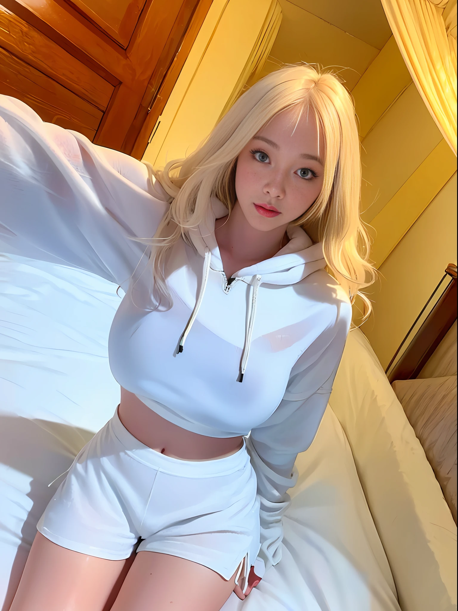 photorealistic, highres, best quality, masterpiece, 1girl, long wavy white hair, pale chinese, heterochromia eye, mole below eye, thick eyebrows, freckles, hoodie, shorts, large breast, small waist, wide thighs, thigh gap, on bed