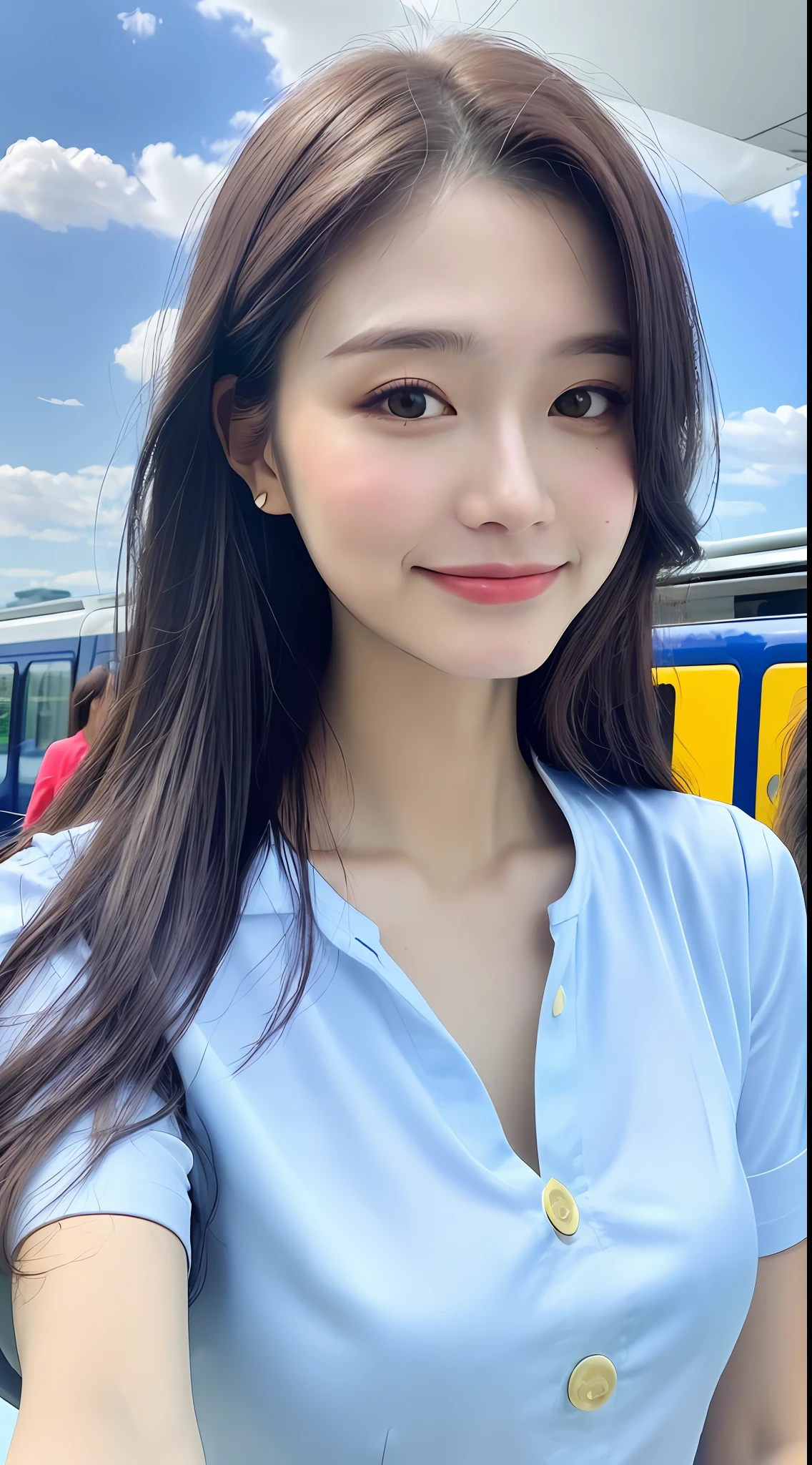 Expressive hair, light makeup, medium breast size, slight smile, shirt with rolled sleeves, in the sky train, clear facial features, eye-level shooting, shake, UHD, masterpiece, super detail, best quality, high resolution, 16k,