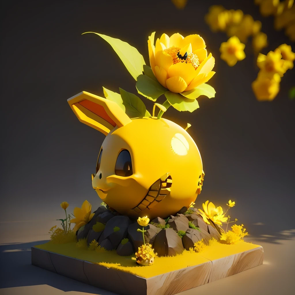 sphere anthill, bunny head skull smiling as a statue, with yellow petals and leaves , on top of head, high resolution, game design, 3D