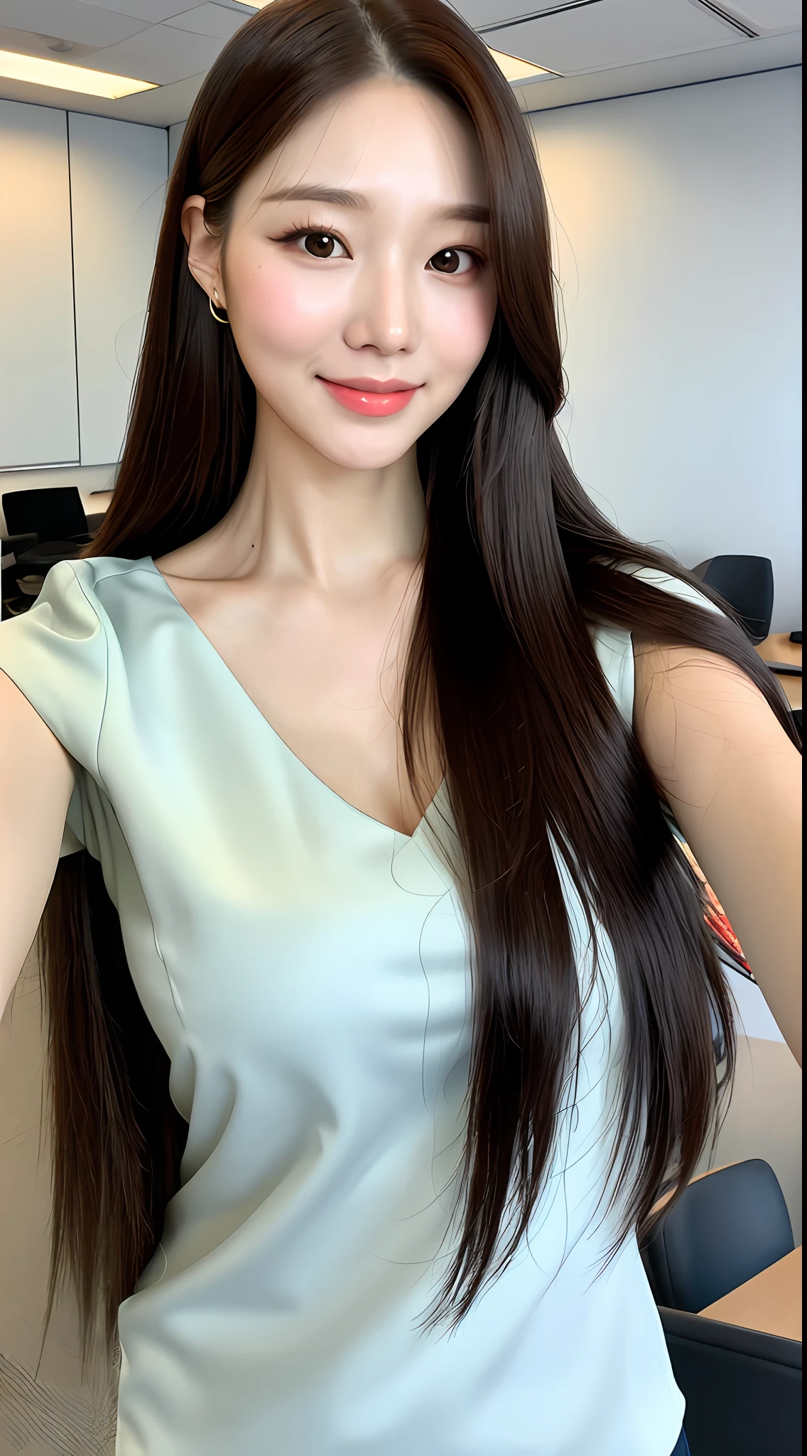 realistic photos of (1 cute Korean star) long straight hair, thin make-up, medium breast size, slightly smile, in office outfit, taking selfie, clear facial features, 8K high resolution, crisp detail, extremely sharp details. backdrop is blur