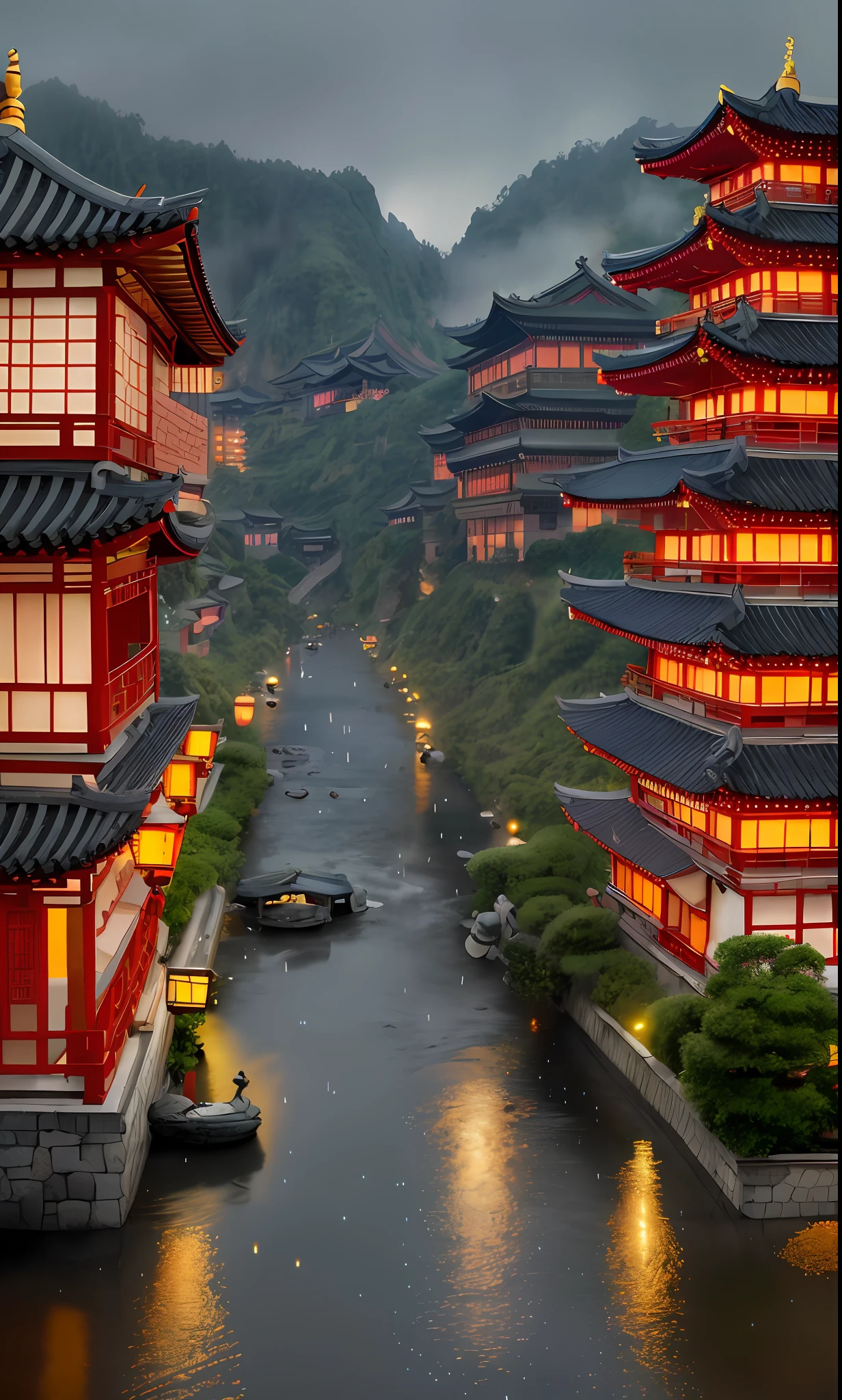 arafed view of a village with a lot of lights on the buildings, dreamy chinese town, chinese village, amazing wallpaper, japanese town, japanese village, hyper realistic photo of a town, old asian village, japanese city, by Raymond Han, rainy evening, cyberpunk chinese ancient castle, beautifully lit buildings, at evening during rain, beautiful and aesthetic, photography, cinematic, 8k, high detailed ((Heavy rain)))