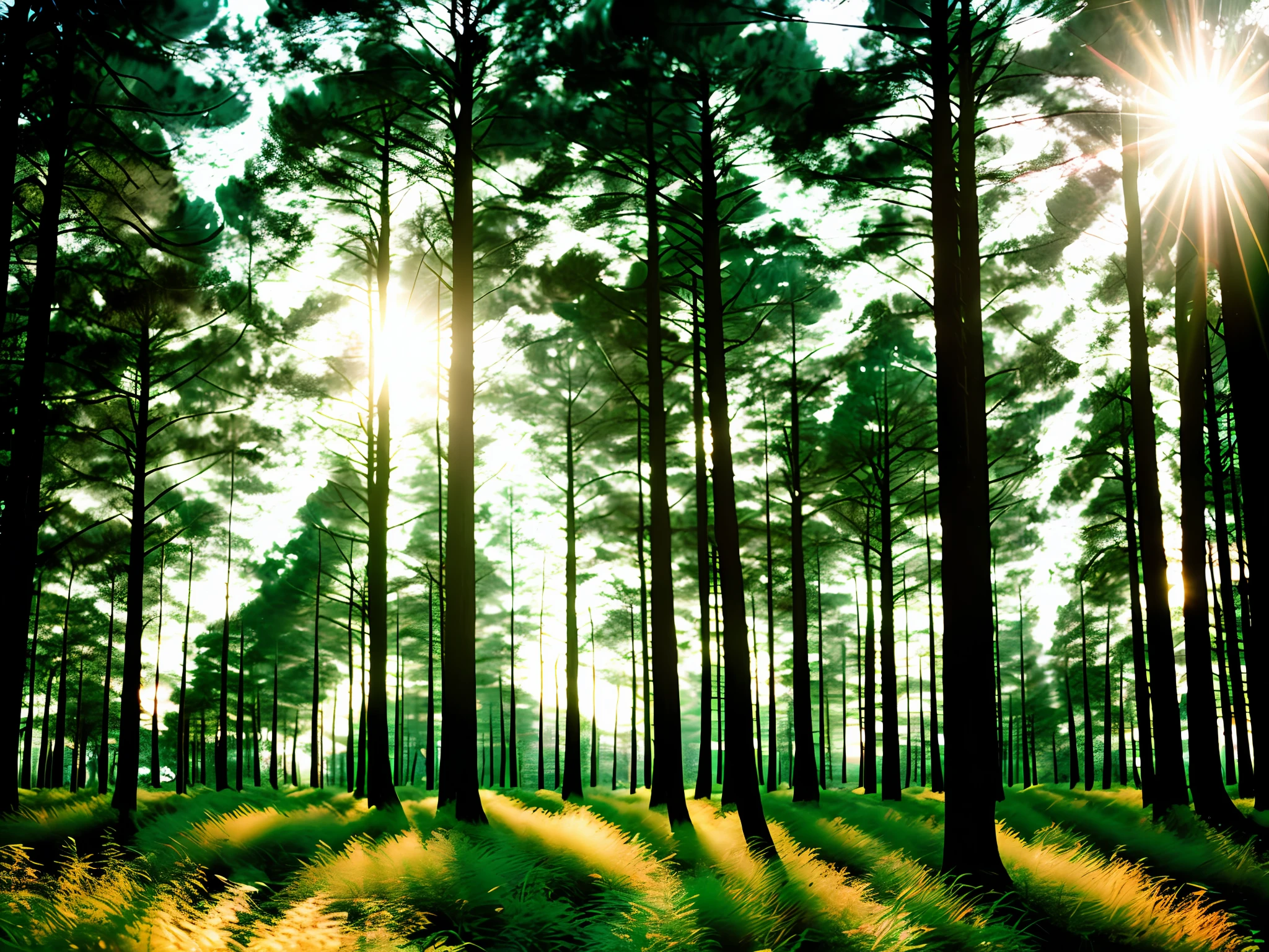 pine forest with light beams shining down, high quality photograph, bokeh, analog, depth of field, portra 800 film,