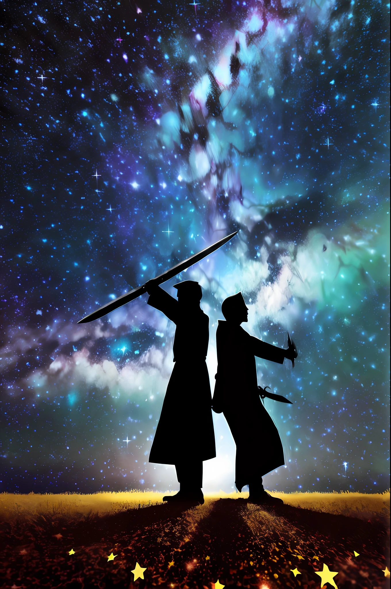 a starry night sky,two people with sword in hand fighting