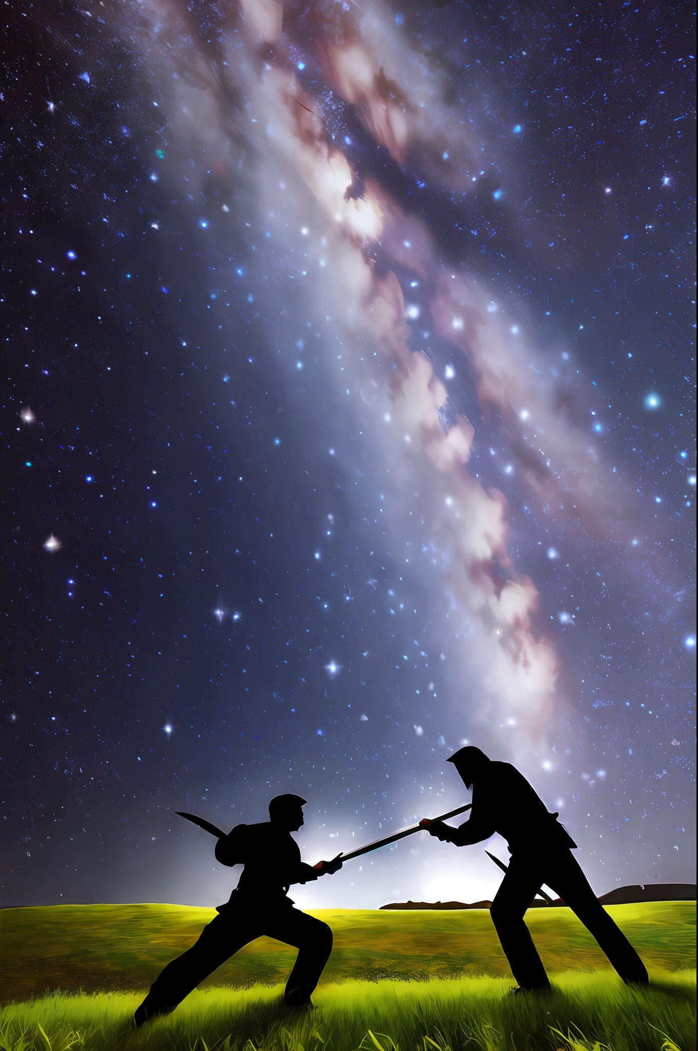 a starry night sky,two people with sword in hand fighting