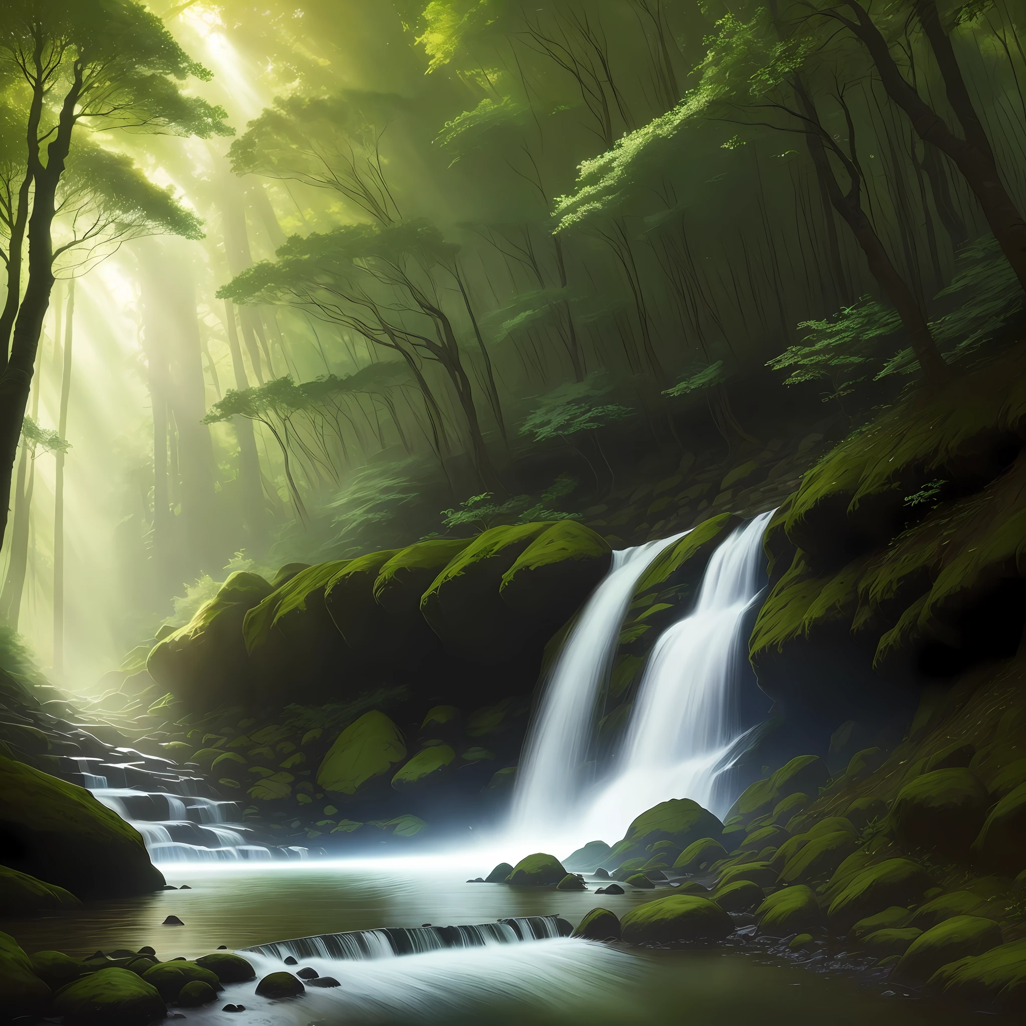 Girl, forest, stream, waterfall, sunlight penetrating through trees, beautiful landscape, close to earth angle, fantasy effects, realism, 4k --ar