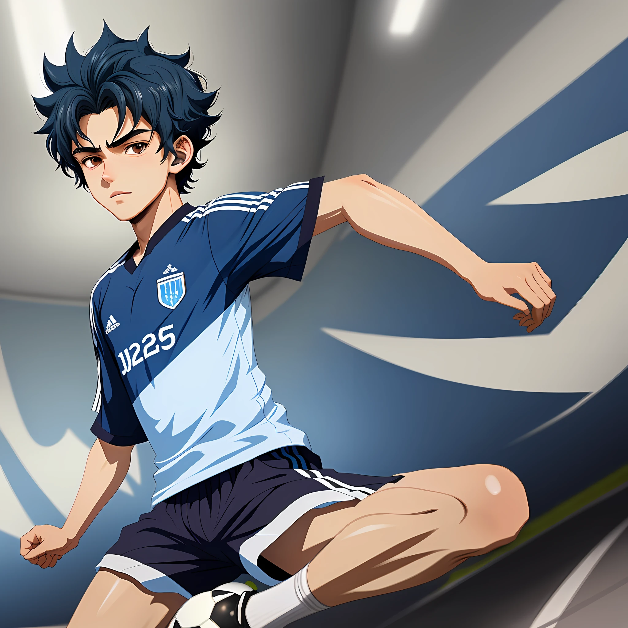 2d illustration portrait in (anime style) of a 1player soccer boy short curly hair blue color 18 year old appearance thin lips, pale skin, soccer field