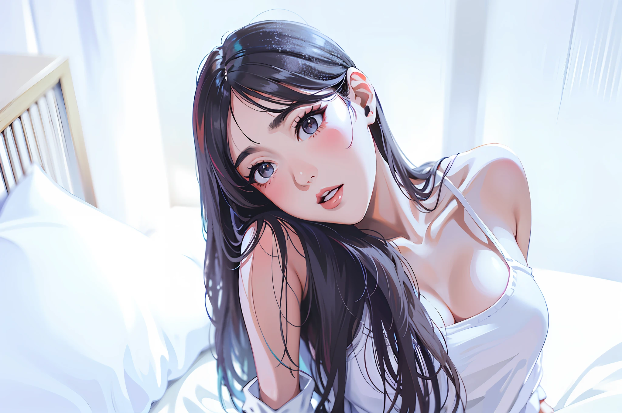 HD picture quality, Korean beauty, white shirt bed, black long-haired beauty, dream soft light, 8K ultra clear masterpiece, EOS R 6 capture, white underwear, gorgeous shooting.