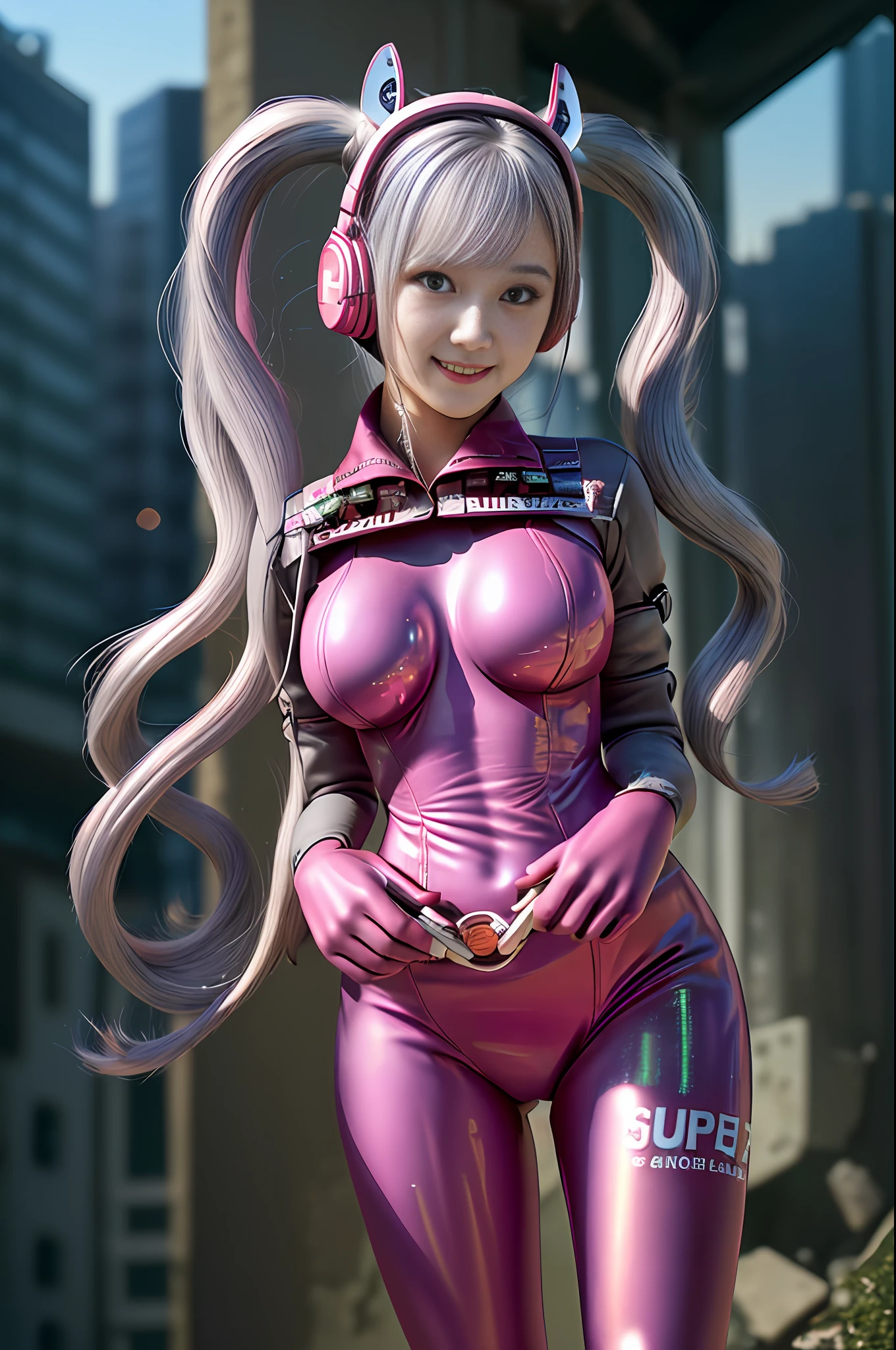 best quality, ultra high res, (photorealistic:1.4),masterpiece,1girl, Kpop idol,(aegyo sal:1.0),puffy eyes,(City of ruins),alice \(nikke\),(pink bodysuit:1.4),((animal ear headphones)),(shiny clothes),twintails, (latex bodysuit), (rubber suit),shoes,(cleavage),(slender),((white hair)),(silver hair),(gray hair),((red pupil)),(hold gun), (smile),Happy,(long hair),nsfw,depth of field,detail face, shiny skin, nice detailed eyes, heavy eye makeup, slim waist, blush, detailed eye makeup, perfect anatomy, view from below