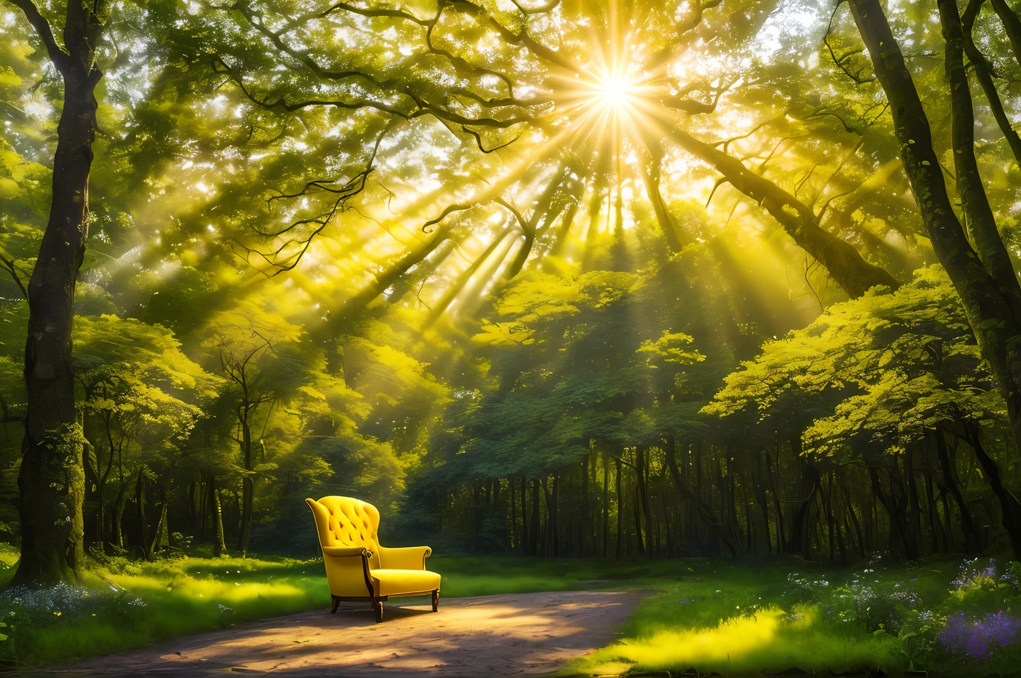 (an) extremely detailed and beautiful, (best quality, masterpiece) yellow armchair located in the (middle of the dense and green forest), surrounded by (vibrant flora and fauna), with beautiful (sunbeams shining through trees and leaves) casting (rays of golden light over), creating a (fantasy-like, magical atmosphere).