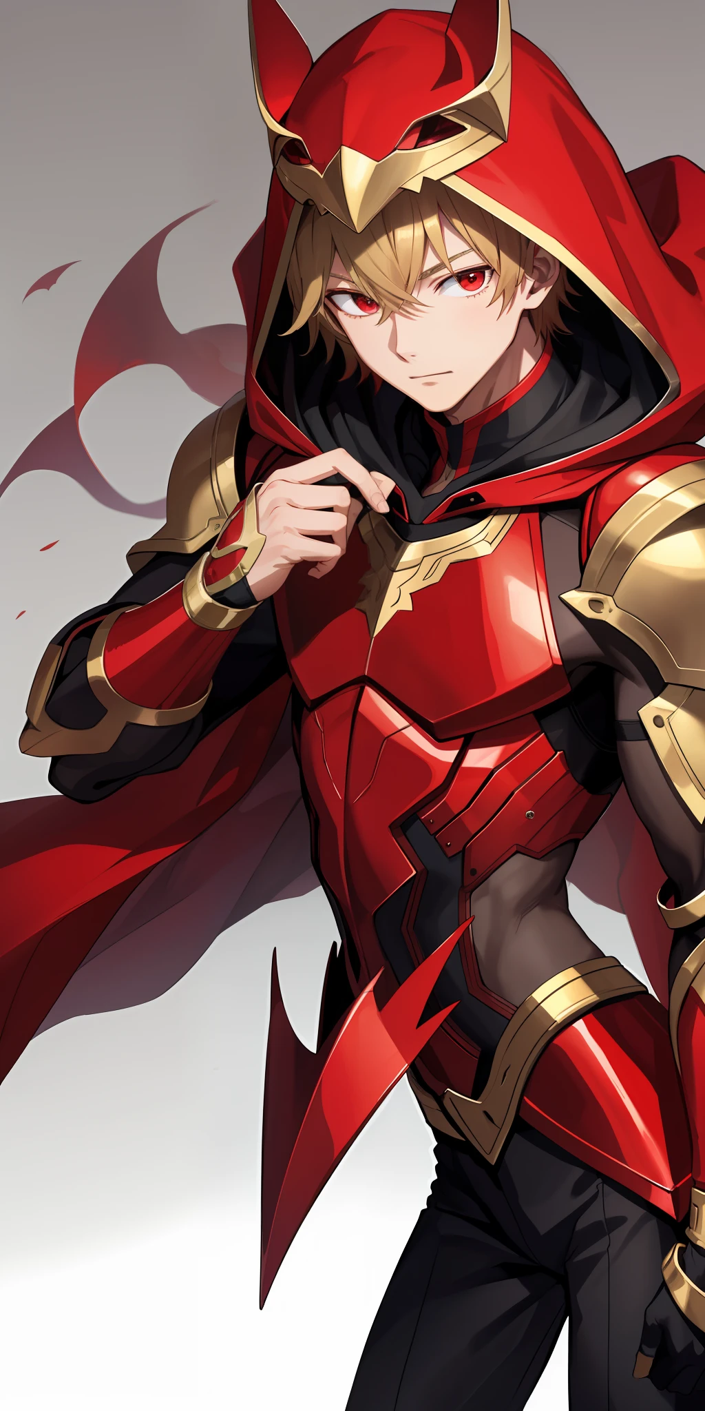 1boy, toned, red masquerade, slim, HD, vibrant, masterpiece, body vision upper, sturdy red armor, (wearing hood over head)