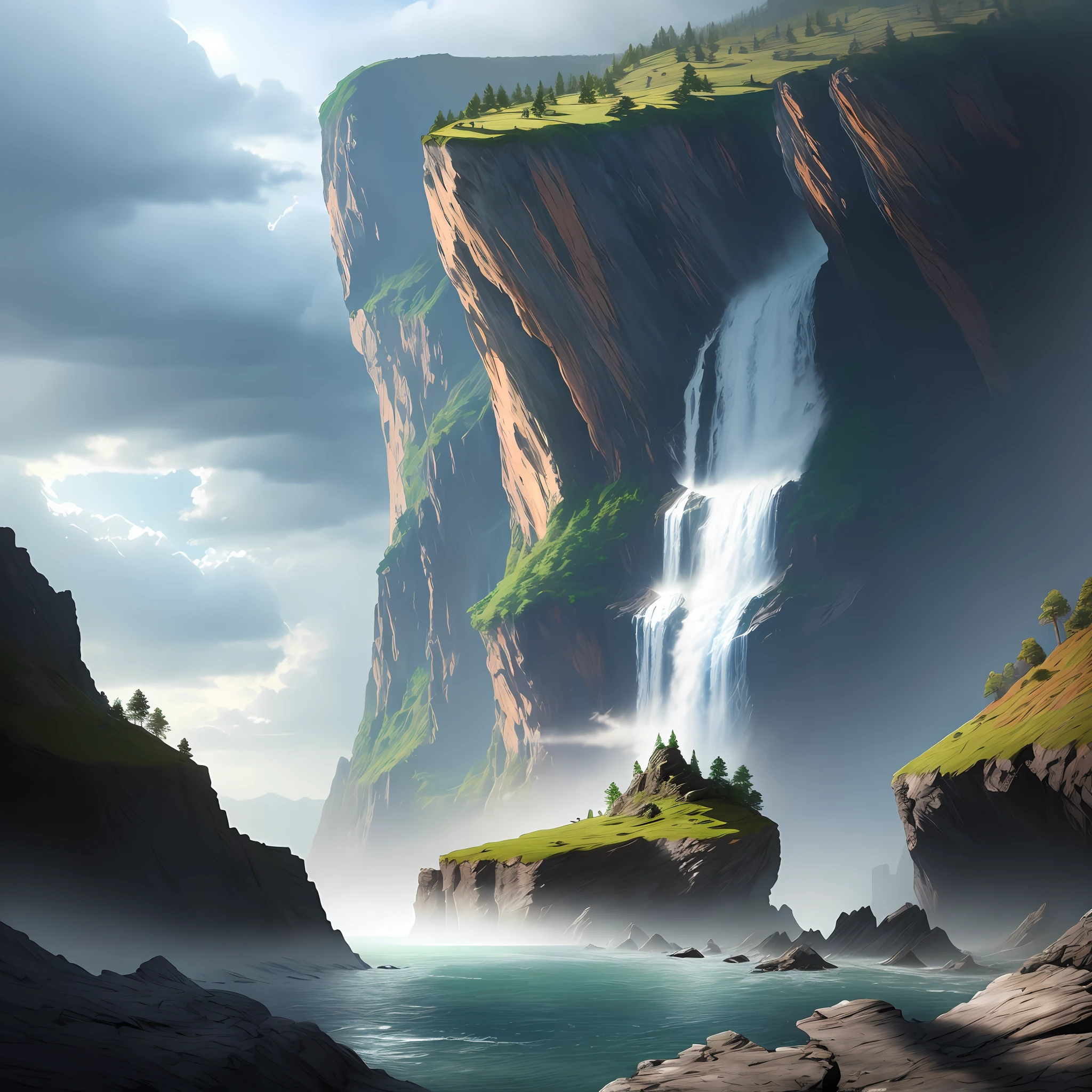 Rock, cliff, abyss, clouds, stream, waterfall, sunlight penetrating through clouds, beautiful landscape, fantasy effects, photo realism, 4k --ar