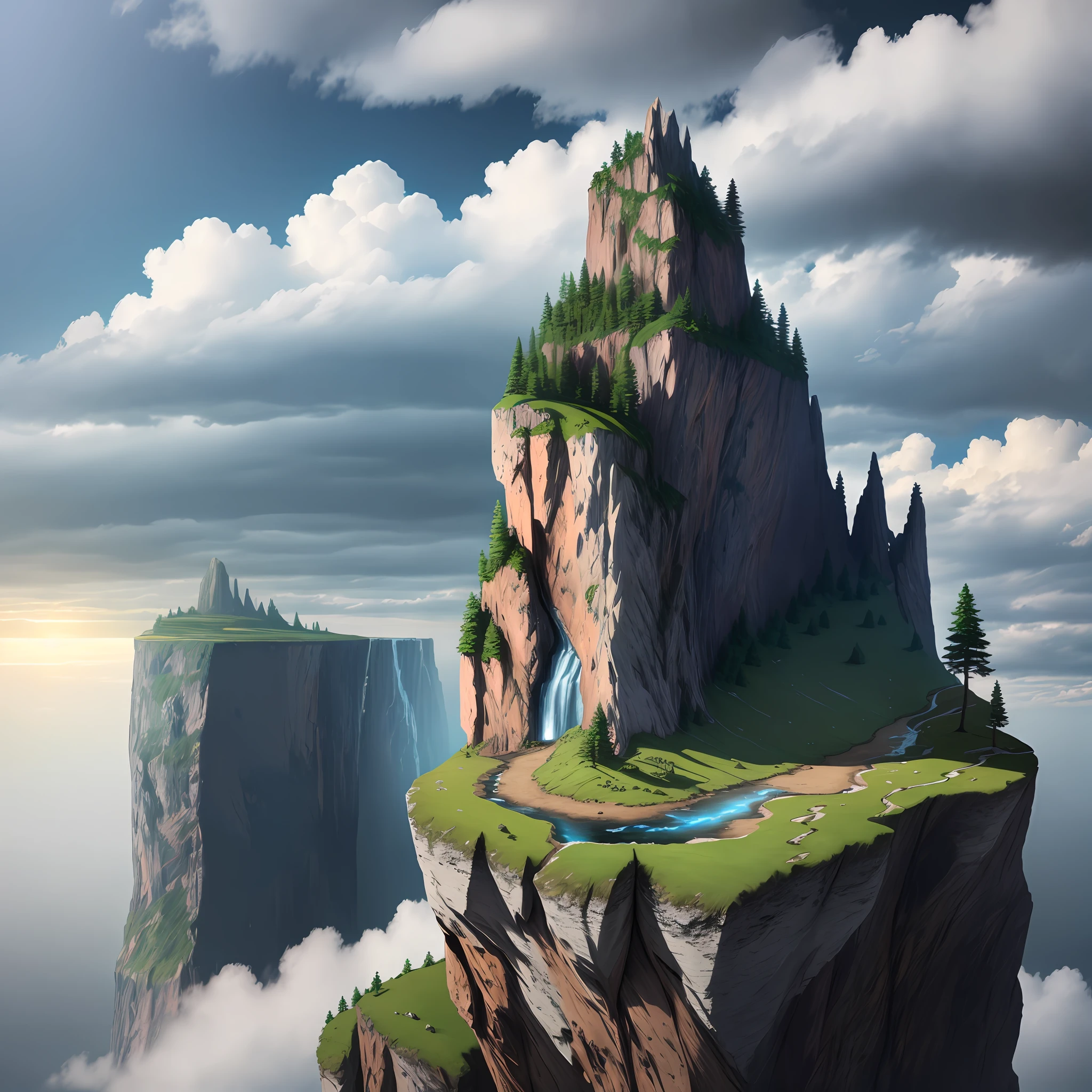 Rock, cliff, abyss, clouds, stream, waterfall, sunlight penetrating through clouds, beautiful landscape, fantasy effects, photo realism, 4k --ar