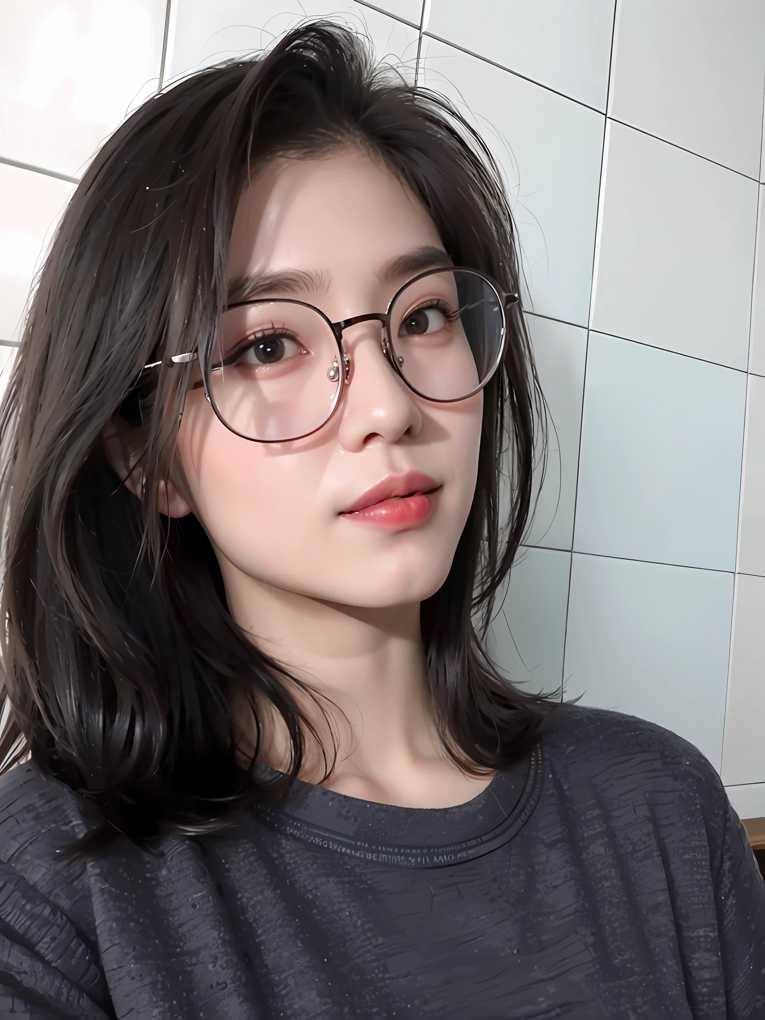 a close up of a woman wearing glasses and a gray shirt, wearing thin large round glasses, with glasses, wearing small round glasses, 19-year-old girl, with square glasses, girl wearing round glasses, korean girl, big round glasses, girl with glasses, xintong chen, wearing round glasses, spectacled, 8k selfie photograph, round glasses