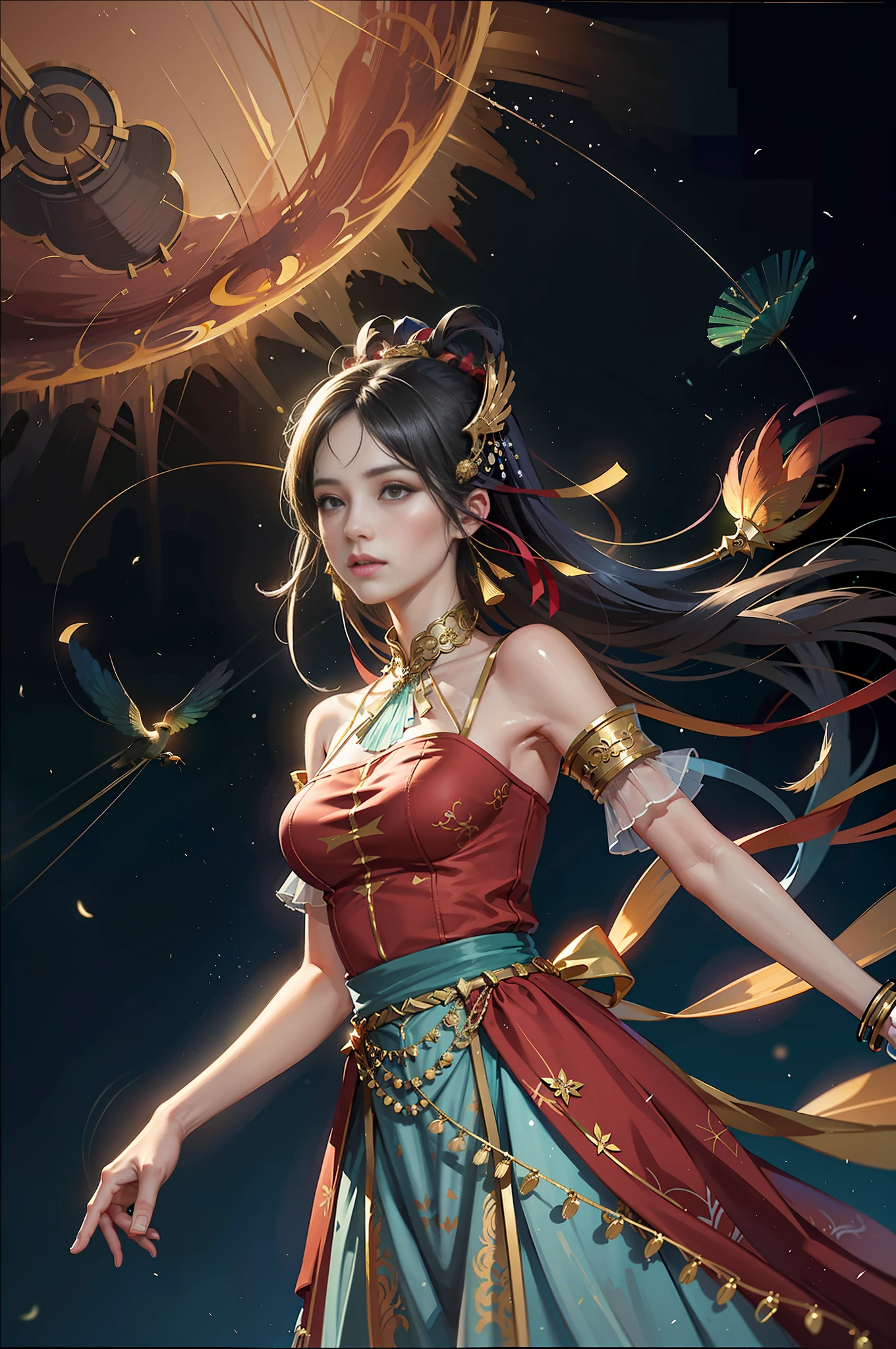 (Masterpiece, Top Quality, Best Quality, Extreme Detail, Supreme Detail, Official Art, Beauty and Aesthetics: 1.2), Colorful, Denim Shot, Upper Body Shot, Beautiful Face, Solo, Perfect Body, (On Sky Clouds: 1.3), Fairy, Flowing Streamers, Sun Rays, Clouds, Full Body, Hanfu, Chinese Clothes, White Dress, Water, Fireflies, Night, Starry Sky, Jewelry, Feathers on Dresses, Peacock Feathers, Light Particles, Volume Lighting, ray tracing (flowing streamers: 1.1), (fantasy novels: 1.2), illuminators, stars, fantasy, high contrast, ink strokes, overexposure, purple and red tone impressions, abstract, (watercolors by John Berkey and Jeremiman)) brush strokes,