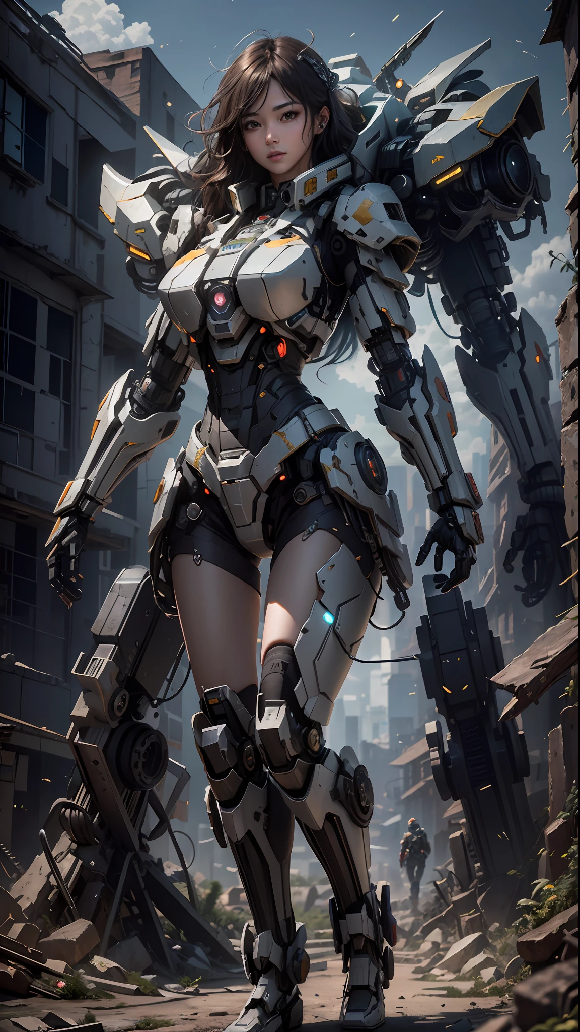 ((Best quality)), ((masterpiece)), (highly detailed:1.3), 3D,Shitu-mecha, beautiful cyberpunk women with her mecha in the ruins of city from a forgoten war, ancient technology,HDR (High Dynamic Range),Ray Tracing,NVIDIA RTX,Super-Resolution,Unreal 5,Subsurface scattering,PBR Texturing,Post-processing,Anisotropic Filtering,Depth-of-field,Maximum clarity and sharpness,Multi-layered textures,Albedo and Specular maps,Surface shading,Accurate simulation of light-material interaction,Perfect proportions,Octane Render,Two-tone lighting,Low ISO,White balance,Rule of thirds,Wide aperature,8K RAW,Efficient Sub-Pixel,sub-pixel convolution,luminescent particles,light scattering,Tyndall effect