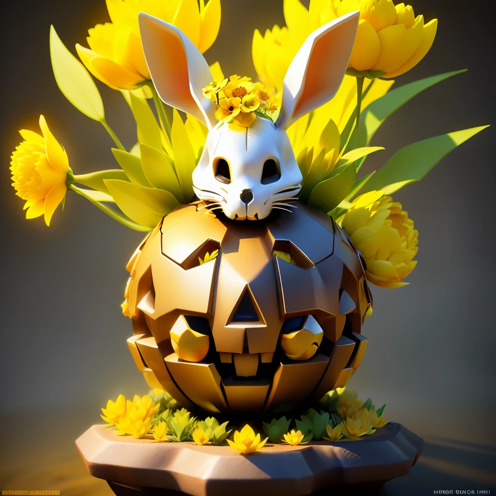 sphere anthill, bunny head skull smiling as a statue, with yellow petals and leaves , on top of head, high resolution, game design, 3D