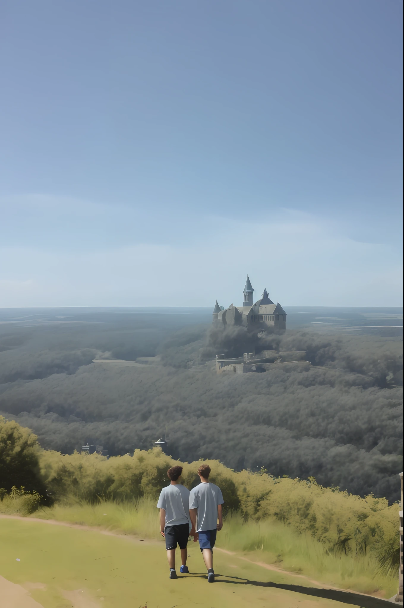 Abel and Luke, with determined looks, watching an imposing castle in the distance