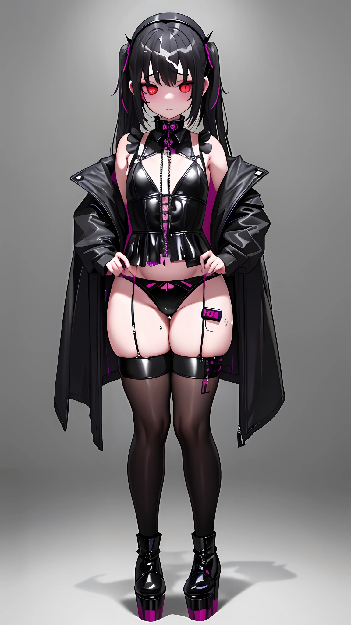 loli, 1 girl, goth,goth outfit, swf, non nude, face, huge thighs, huge chest, remote control vibrator, vibrator under clothes,masterpiece, covered in cum, platform goth boots, full body, standing, vibrator in thighhighs