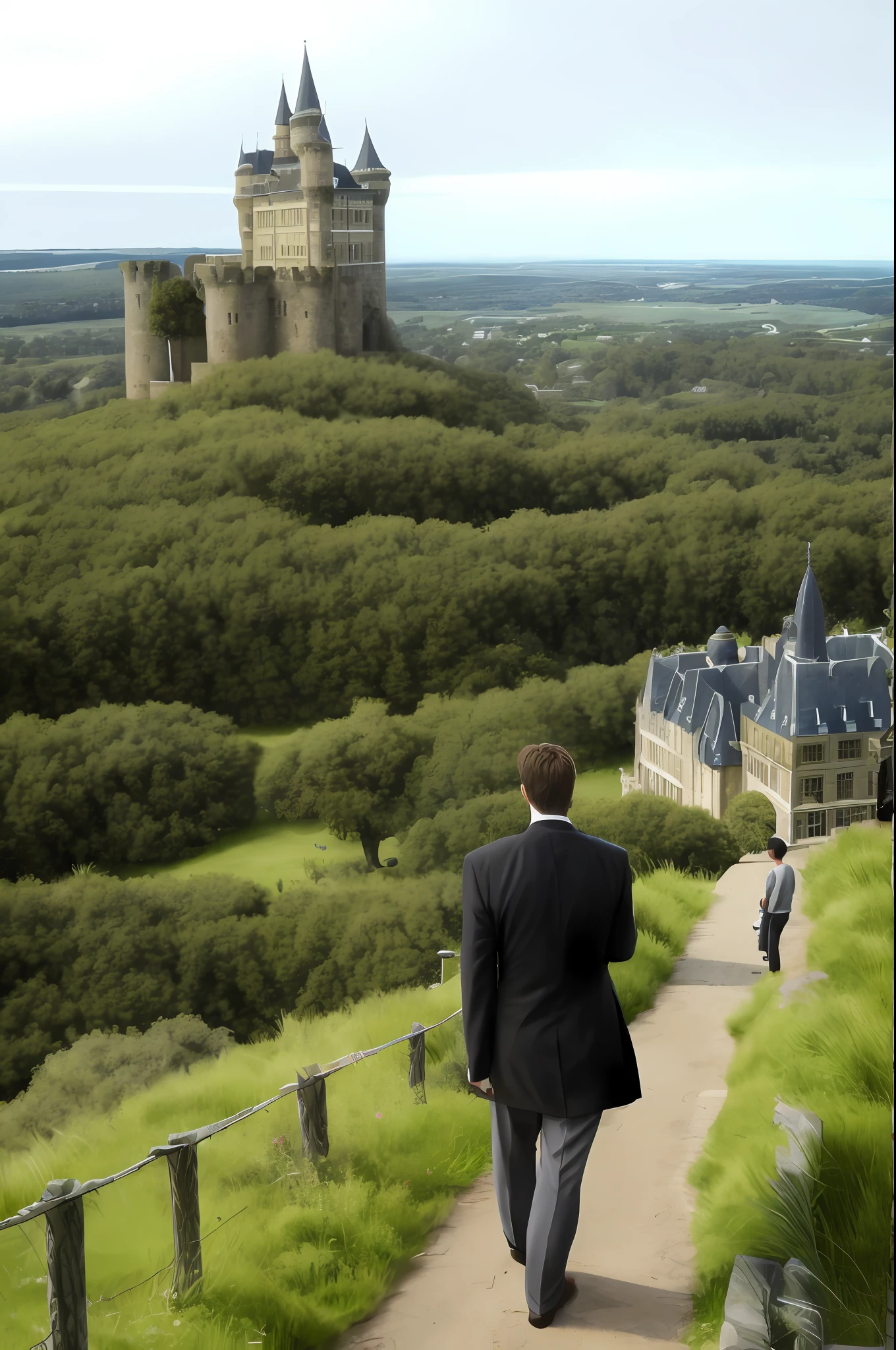 Abel and Luke, with determined looks, watching an imposing castle in the distance