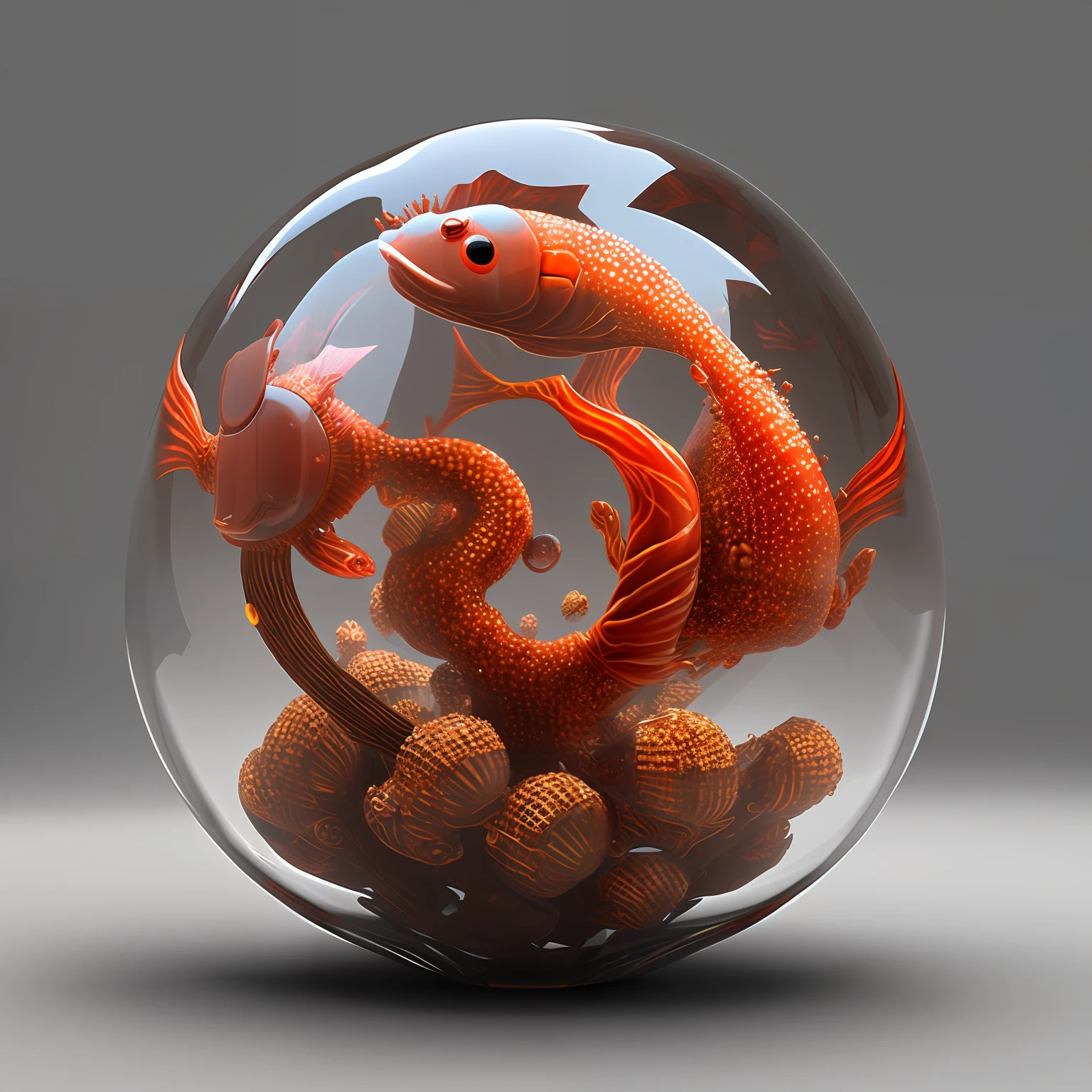 sphere glass anthill, fantasy red khoi fish, game design shape, high resolution,  magic 3D