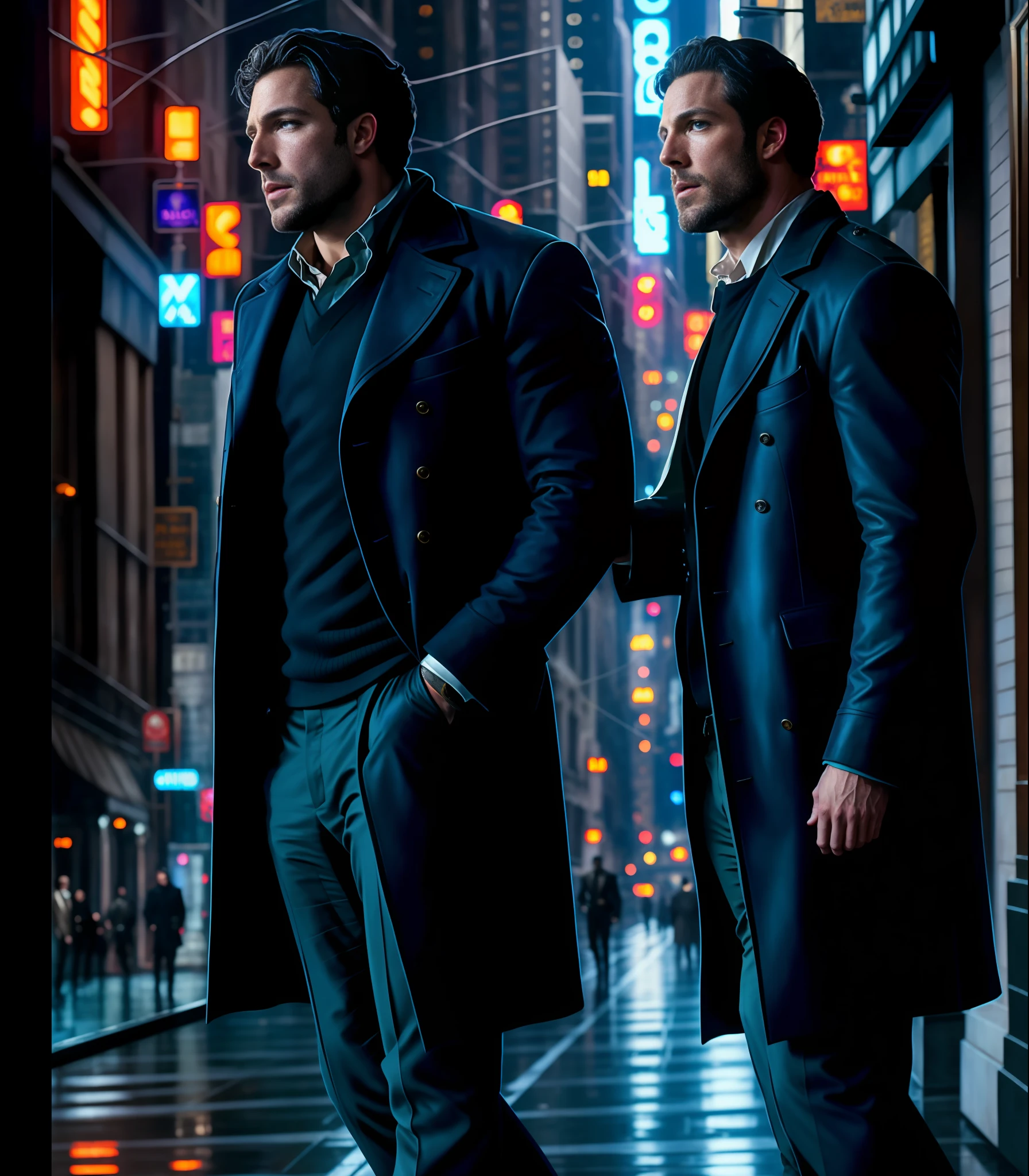 ONLY TWO MALE: Ben Affleck and Henry Cavill kissing each other in dimly noir New York. They are wearing black jackets. There is night behind them. Dark aesthetic, gay, style of Greg Rutkowski, standing on a night city, highly detailed symmetrical painting by gaston bussiere, craig mullins, j. c. leyendecker, alphonse mucha. cinematic epic + rule of thirds. cinematic composition. concept art. ultra wide angle. 35mm. 8 k, masterpiece, best quality, highres, realistic, twink, whole body, see-through