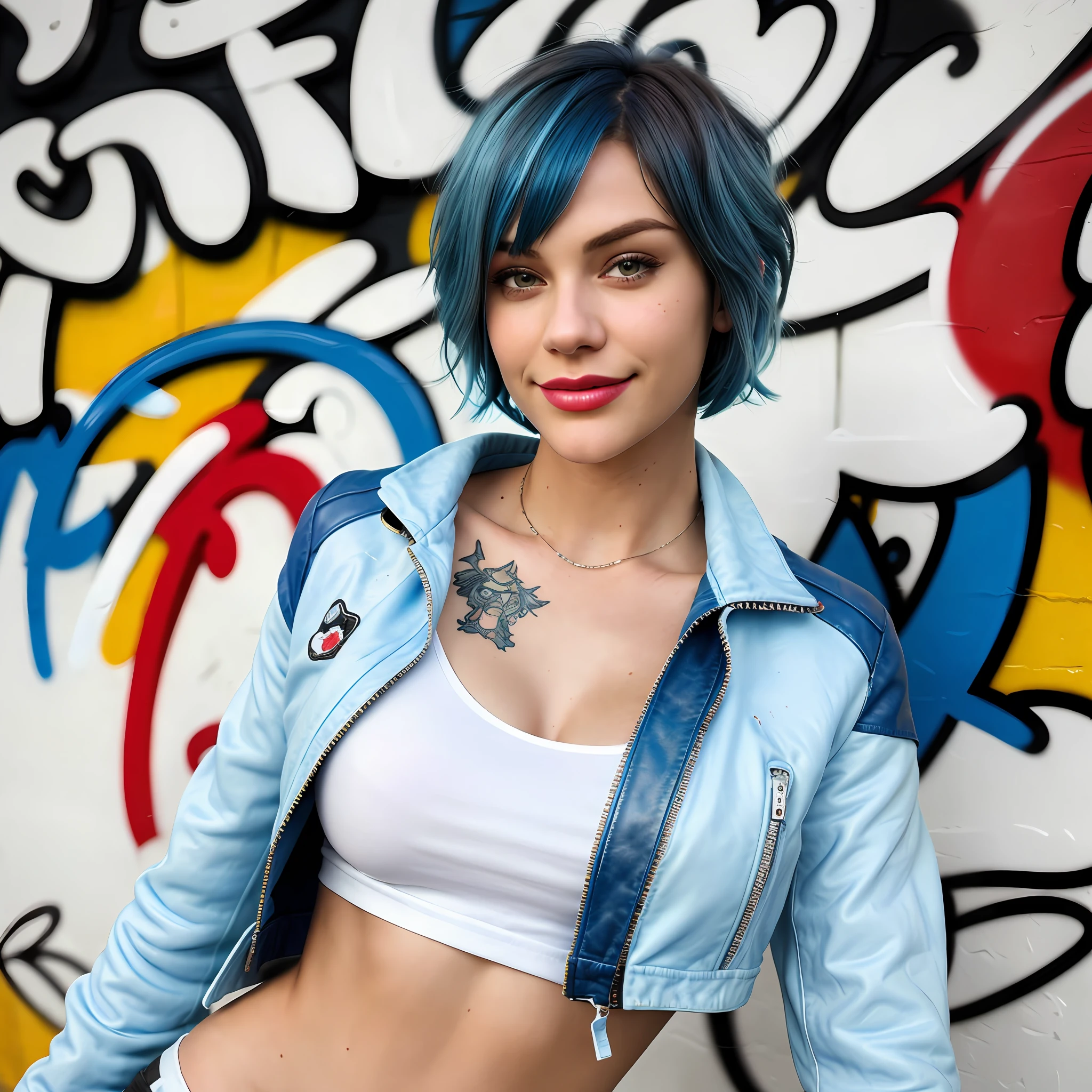 (best quality, masterpiece, realistic, detailed), 8k CG, perfect artwork,blue hair, messy Bob haircut, brown eye, little angel tattoo on left front shoulder,ectemorph body type, small breasts, medium butt, dressed, casual wear, face with smile, colorful graffiti in front of the wall,leather jacket, skin white, full body, white crop, blue hair, 1 girl