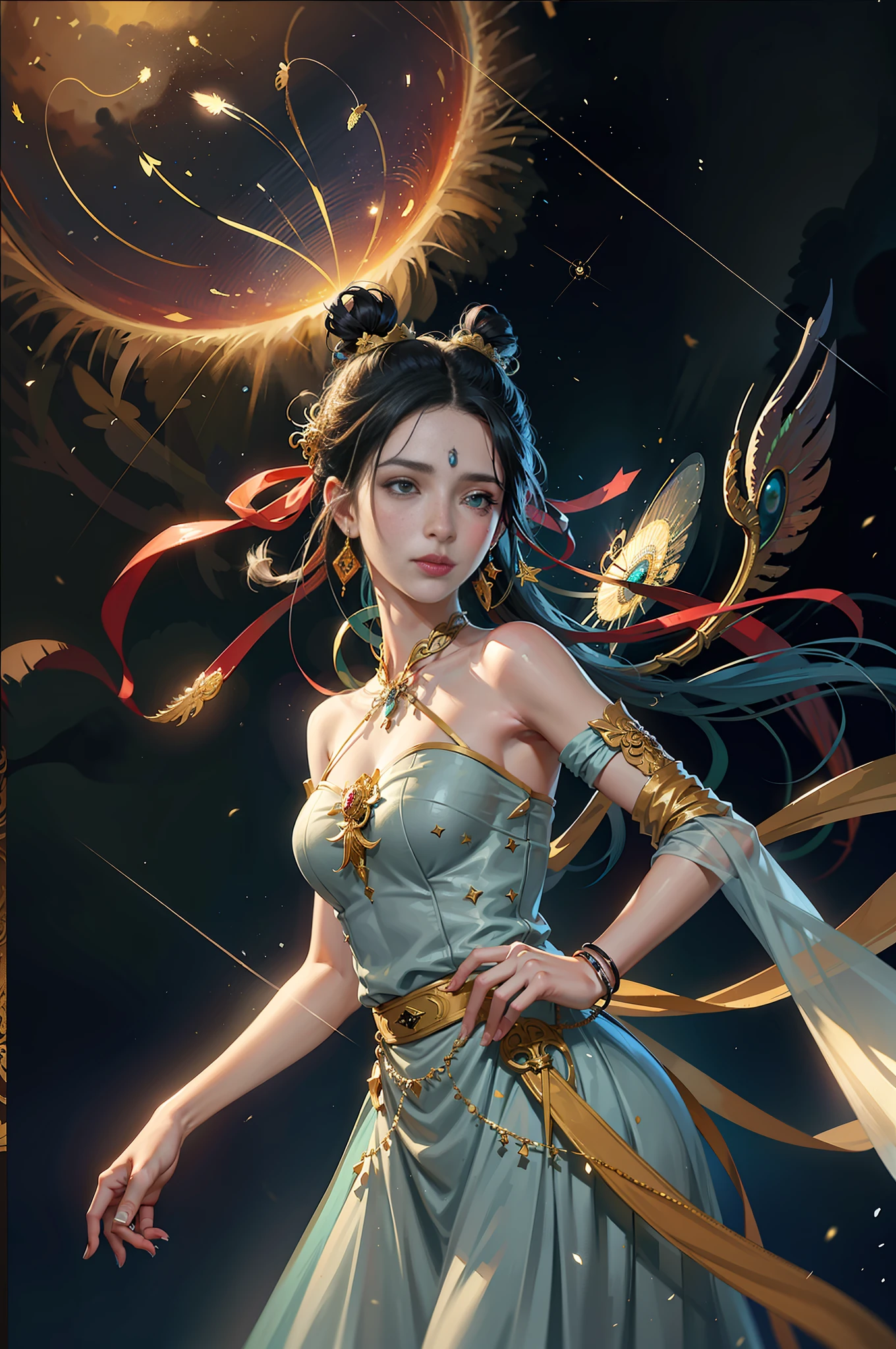 (Masterpiece, Top Quality, Best Quality, Extreme Detail, Supreme Detail, Official Art, Beauty and Aesthetics: 1.2), Colorful, Denim Lens, Upper Body Shot, Beautiful Face, Solo, Perfect Body, (On Sky Clouds: 1.6), Fairy, Flowing Streamers, Sun Rays, Clouds, Full Body, Hanfu, Chinese Clothes, White Dress, Water, Fireflies, Night, Starry Sky, Jewelry, Feathers on Dresses, Peacock Feathers, Light Particles, Volume Lighting, ray tracing (flowing streamers: 1.1), (fantasy novels: 1.2), illuminators, stars, fantasy, high contrast, ink strokes, overexposure, purple and red tone impressions, abstract, (watercolors by John Berkey and Jeremiman)) brush strokes,