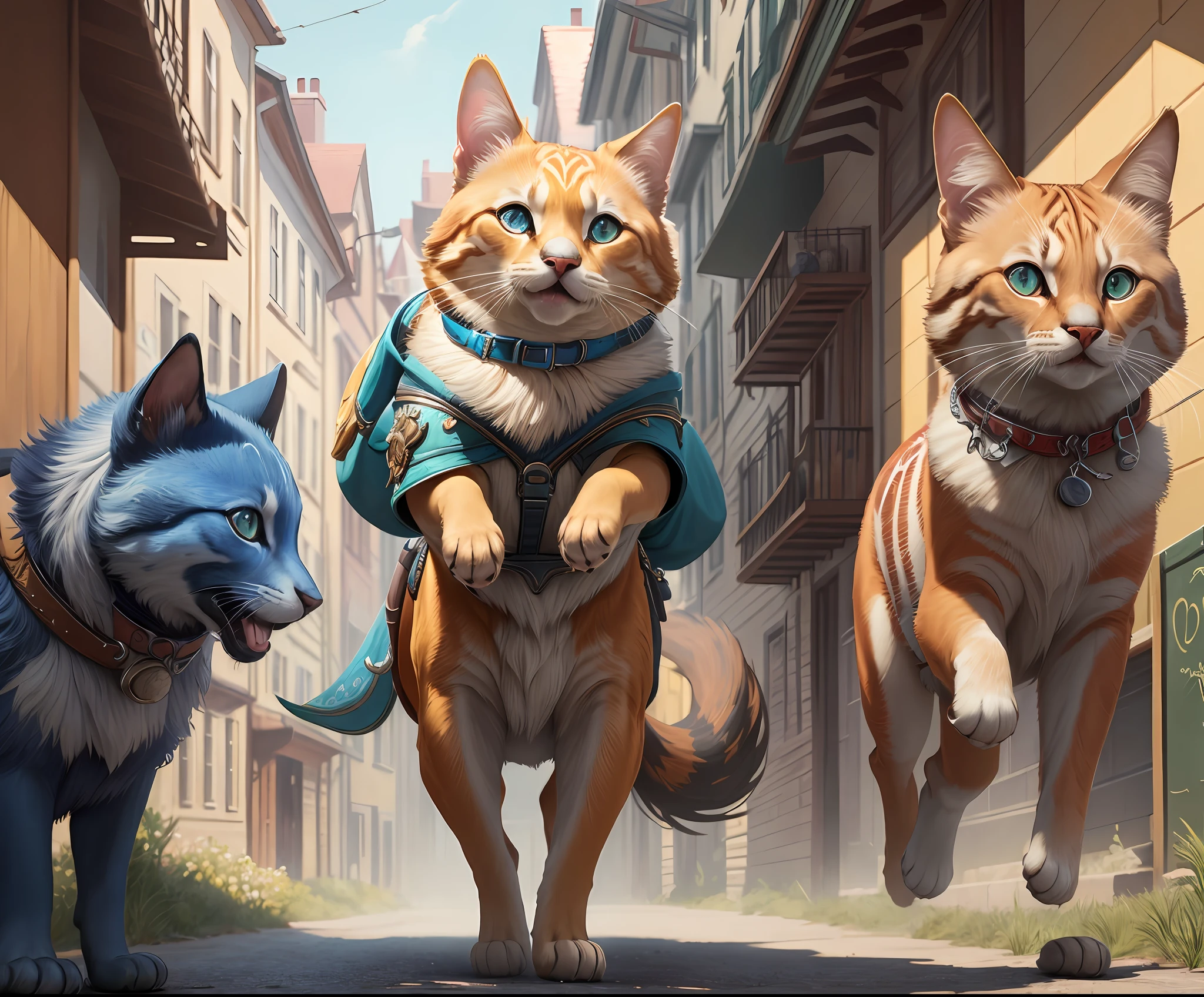 An exquisite masterpiece in 8K resolution with the highest texture quality, featuring a beautifully rendered and highly detailed portrait of Nova and her pet companions. The richly textured street scene captures the playful energy of their pet play adventure, with a captivating focus on Nova's expressive face.