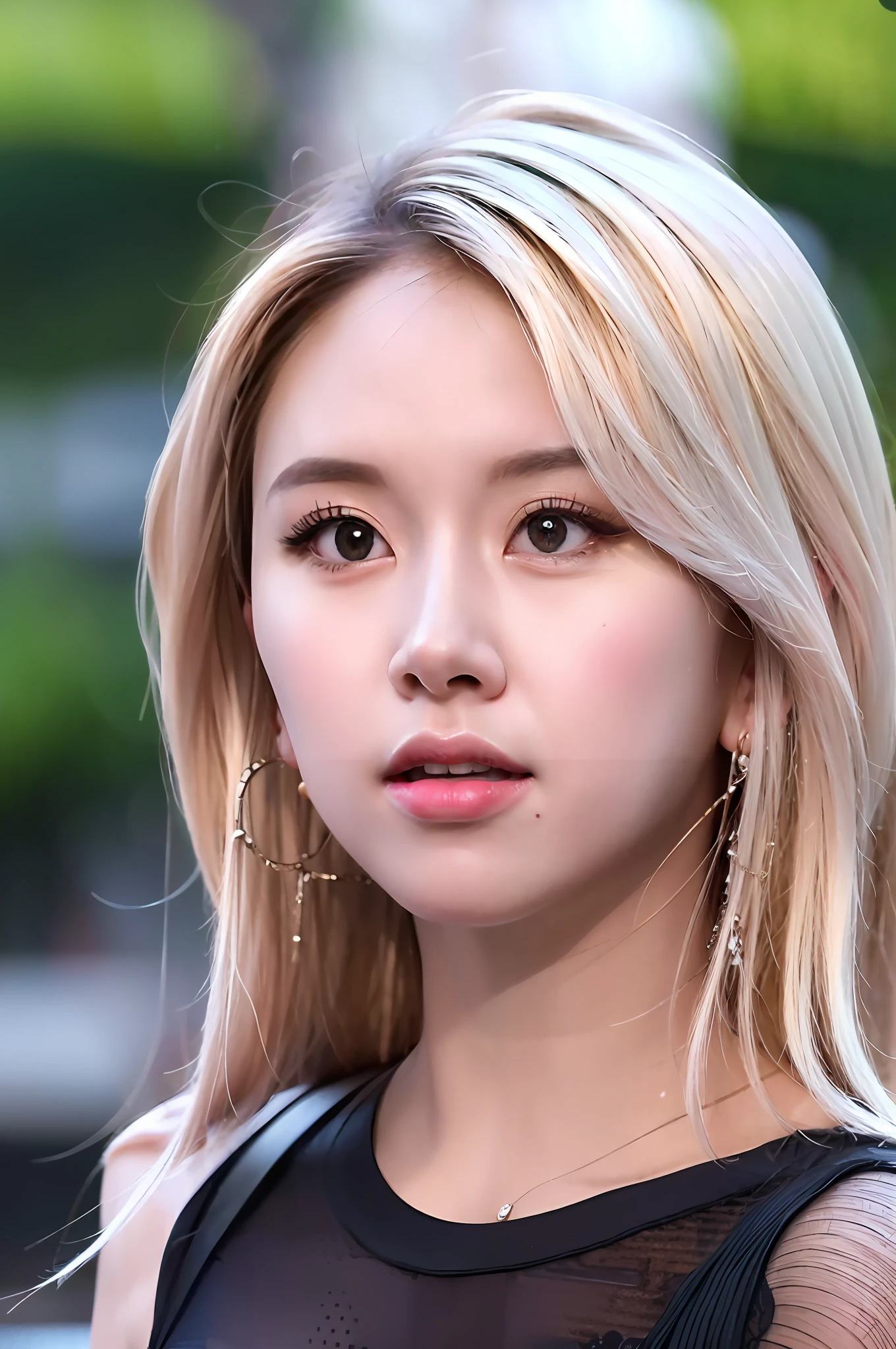 Nikon RAW photo,8k,Fujifilm XT3,masterpiece, best quality, beauty, intricate details, realistic, contrast,texture,stunning art, film grain, extremely detailed CG, photorealistic,ultra detailed,1girl,solo, close up portrait, standing, beautiful blue sky, gorgeous expression, woman, wearing dress, in a park jeongyeon, (looking at camera 1.4),(studio soft light, sunlight:1.1),tension