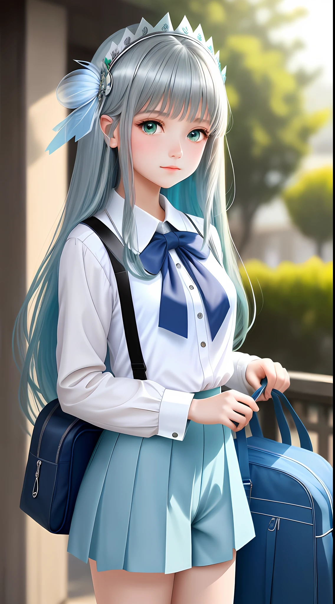 1girl, (masterpiece:1.1), (best quality:1.1), (white blouse:1.1), (shorts:1.1), school uniform,, school bag, BREAK [blue:pink:0.5] theme, (gradient background:1.1), cowboy shot, break silver, long hair, green eyes, delicate headdress, look to the side, Look positive