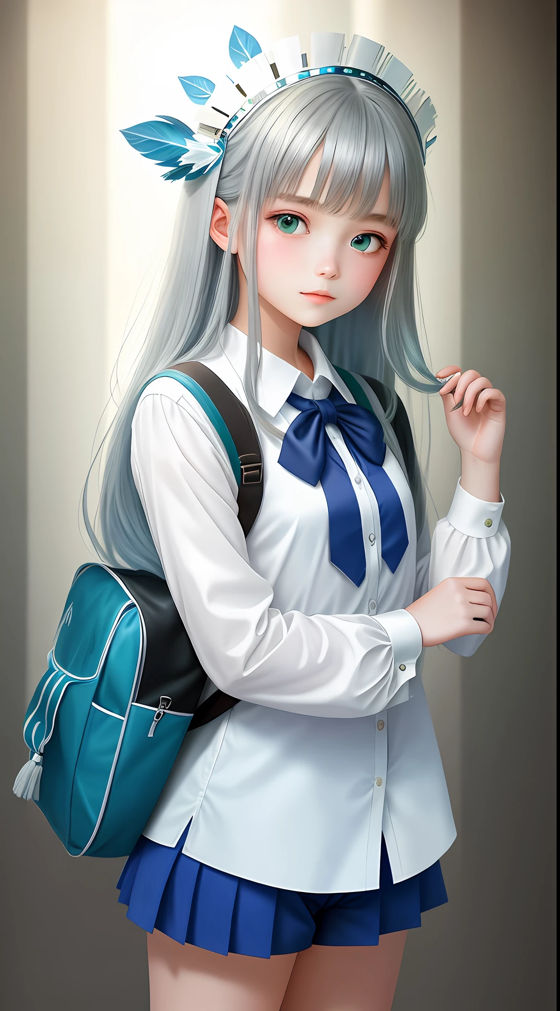 1girl, (masterpiece:1.1), (best quality:1.1), (white blouse:1.1), (shorts:1.1), school uniform,, school bag, BREAK [blue:pink:0.5] theme, (gradient background:1.1), cowboy shot, break silver, long hair, green eyes, delicate headdress, look to the side, Look positive