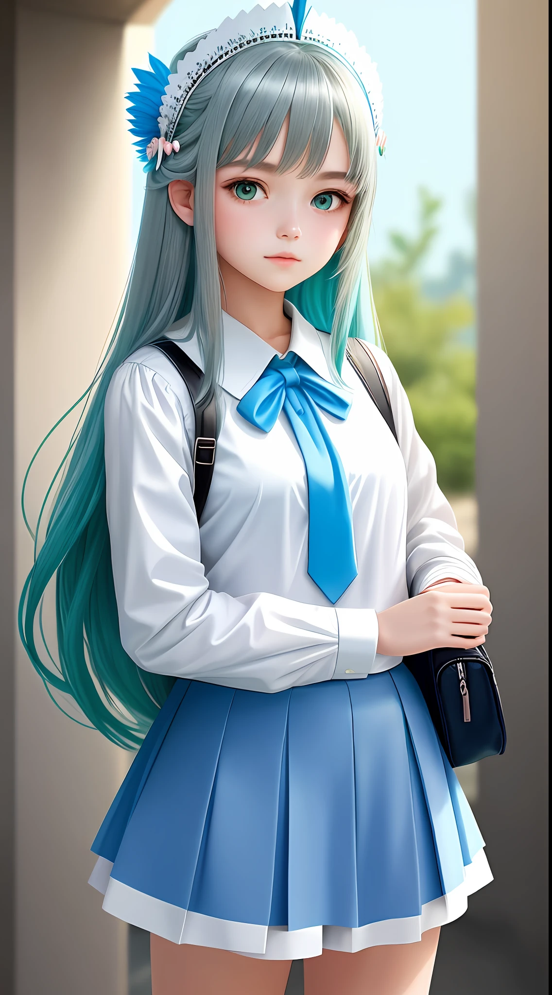 1girl, (masterpiece:1.1), (best quality:1.1), (white blouse:1.1), (shorts:1.1), school uniform,, school bag, BREAK [blue:pink:0.5] theme, (gradient background:1.1), cowboy shot, break silver, long hair, green eyes, delicate headdress, look to the side, Look positive