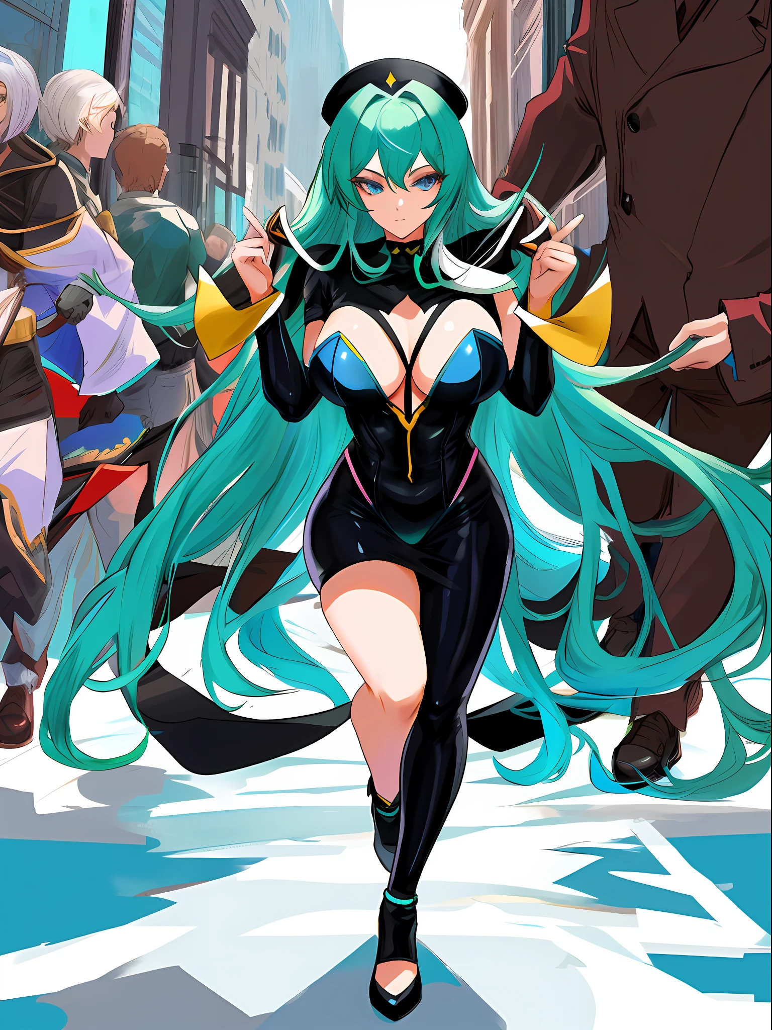 Full body, A woman in a black costume with blank parts of a maid/Batman/Ultraman, a bearded 90 year old man, several men, crowded bus, she is being grabbed by several men, she has Green hair with movement in the wind, blue eyes, huge breasts, wearing a teddy bear hair clip, anime, masterpiece, 16k, super detail, anatomically correct, UHD, textured skin