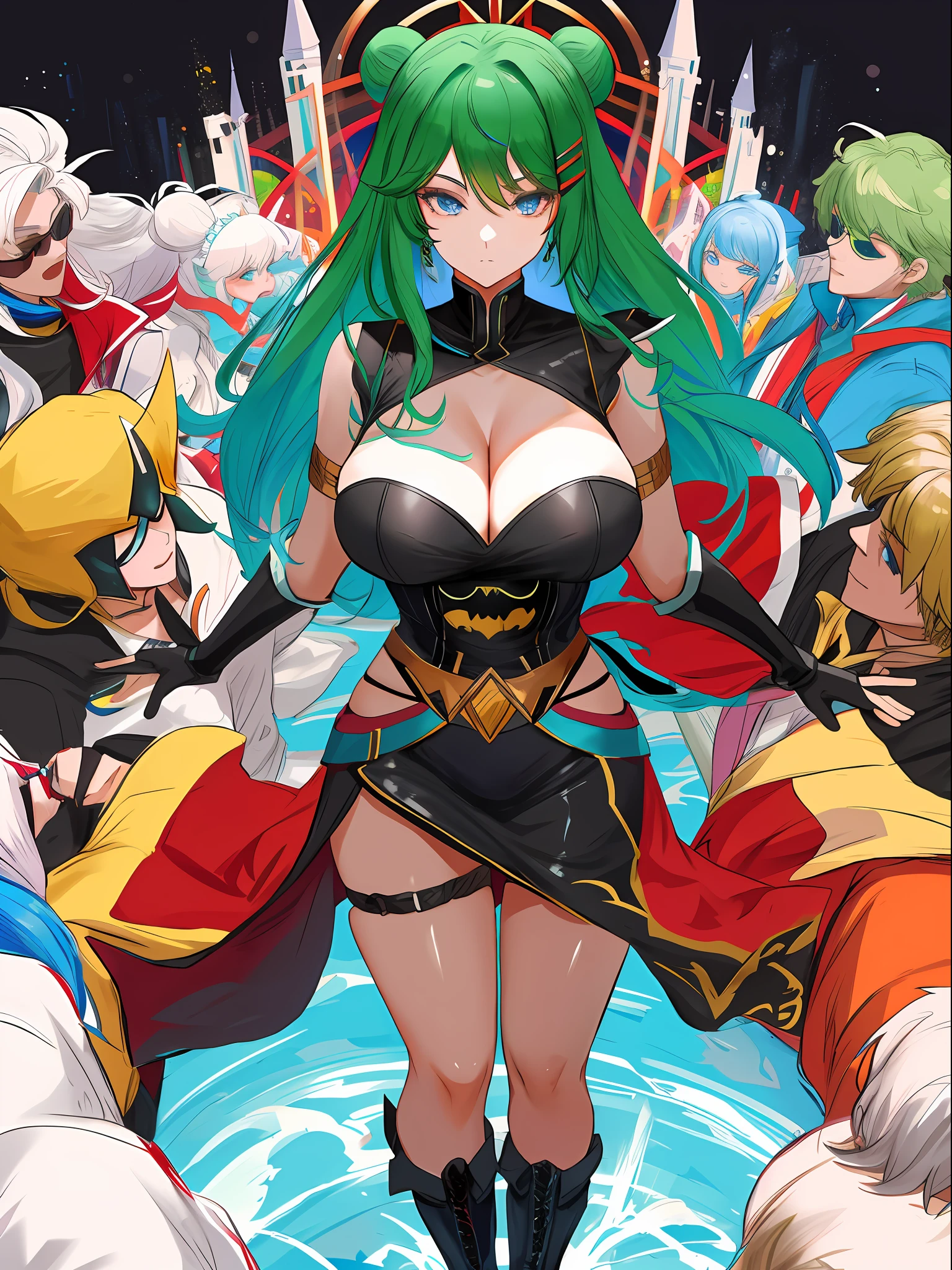 Full body, A woman in a black costume with blank parts of a maid/Batman/Ultraman, a bearded 90 year old man, several men, crowded bus, she is being grabbed by several men, she has Green hair with movement in the wind, blue eyes, huge breasts, wearing a teddy bear hair clip, anime, masterpiece, 16k, super detail, anatomically correct, UHD, textured skin