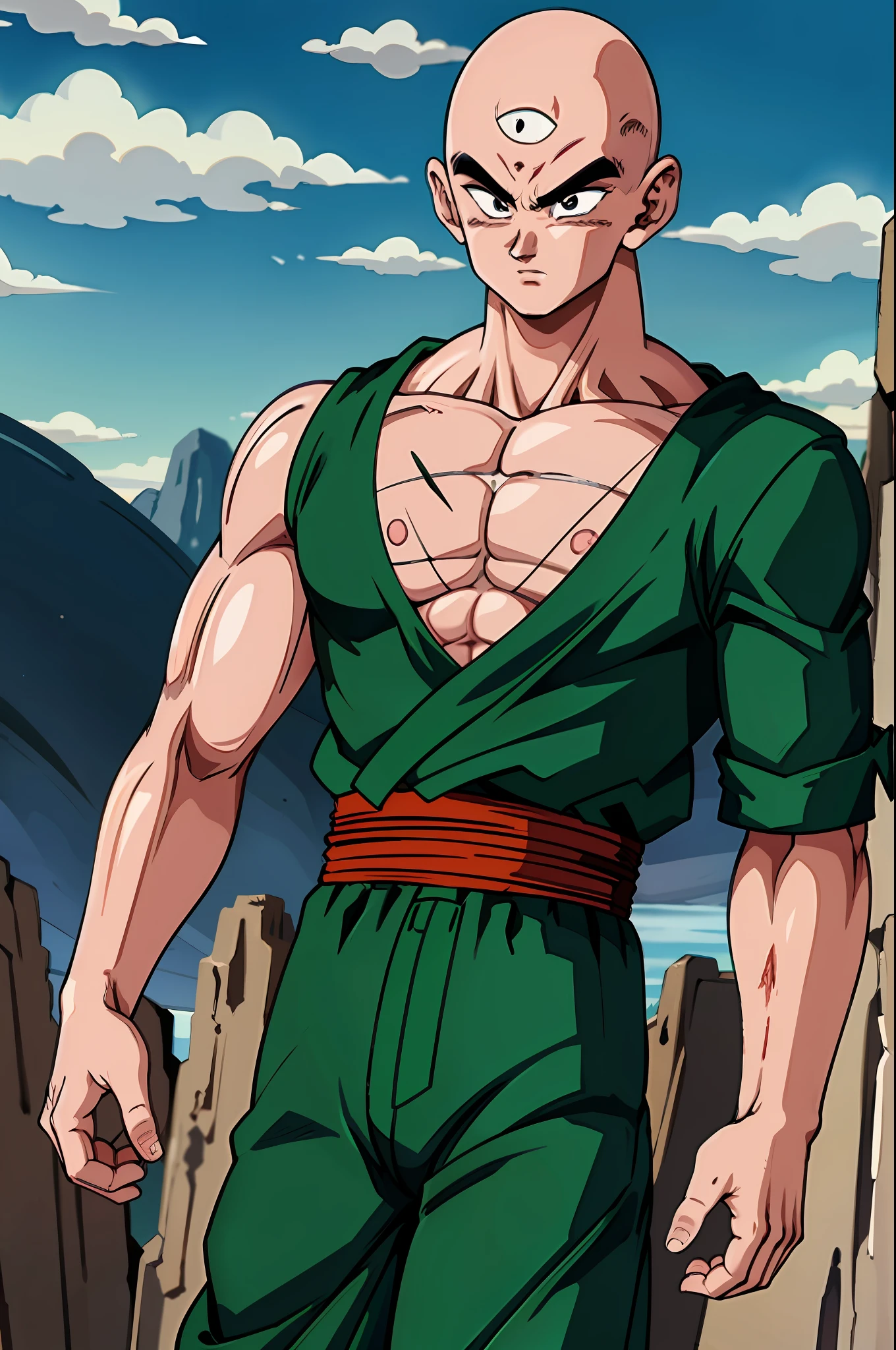 masterpiece, best quality,  solo,anime coloring, a cowboy shot of a tien with ((third eye)) and black eyes, green dougi,scar on chest,red sash, green pants, green wristbands, outdoors next to a ring,bald