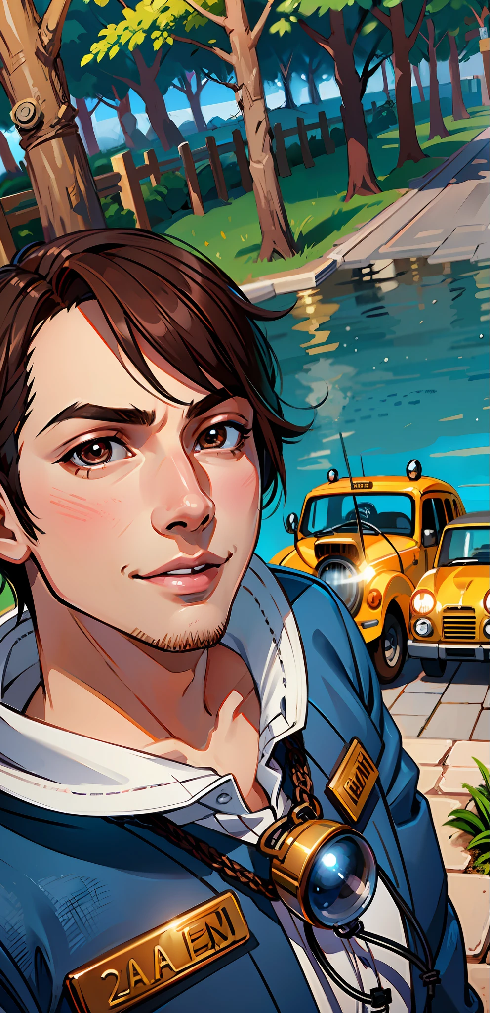 (masterpiece),(best quality:1.0), (ultra high resolution:1.0), detailed illustration, 8k, 1boy, anime boy dressed in navy blue sweater, smiling, detailed face, perfect face, anime eyes, detailed eyes, brown eyes, eye glare, detailed hair, brown hair, hair highlights, very detailed, anime style, subdued light
