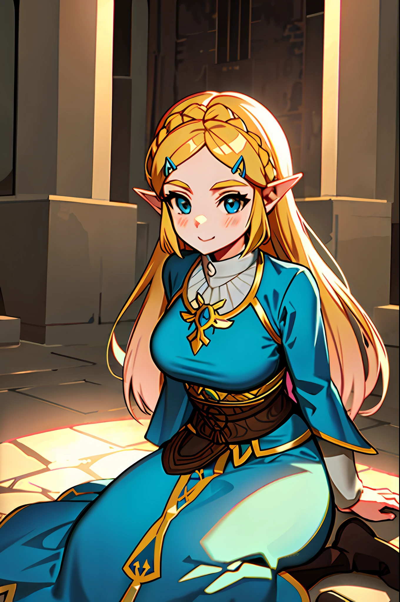 Anime cleric in temple breath of the wild art style