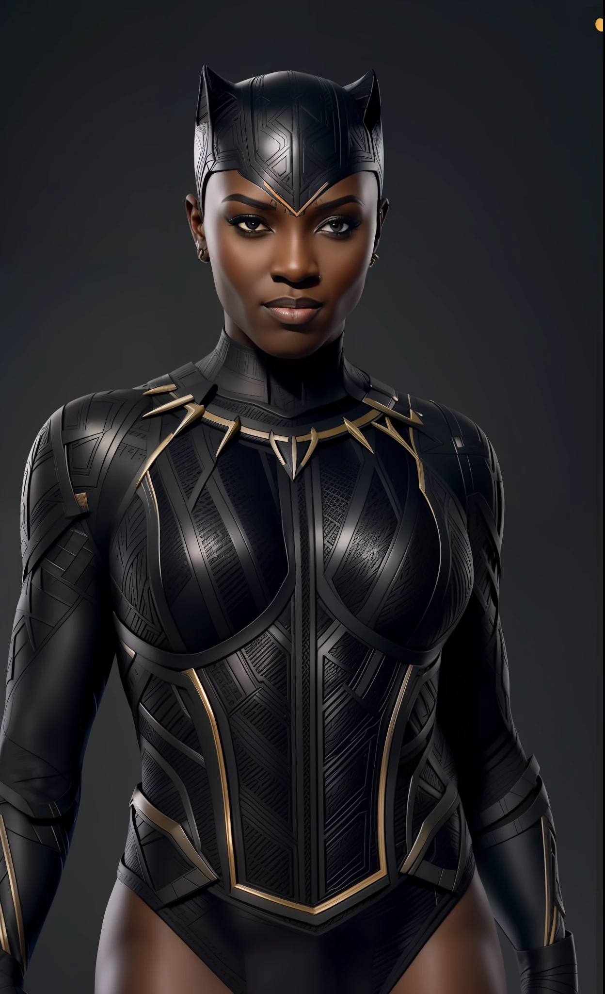 Okoye, Hairless, wearing (Black Panther costume), highly detailed, artstation, smooth, sharp focus, 8K, (underboob), no duplicate