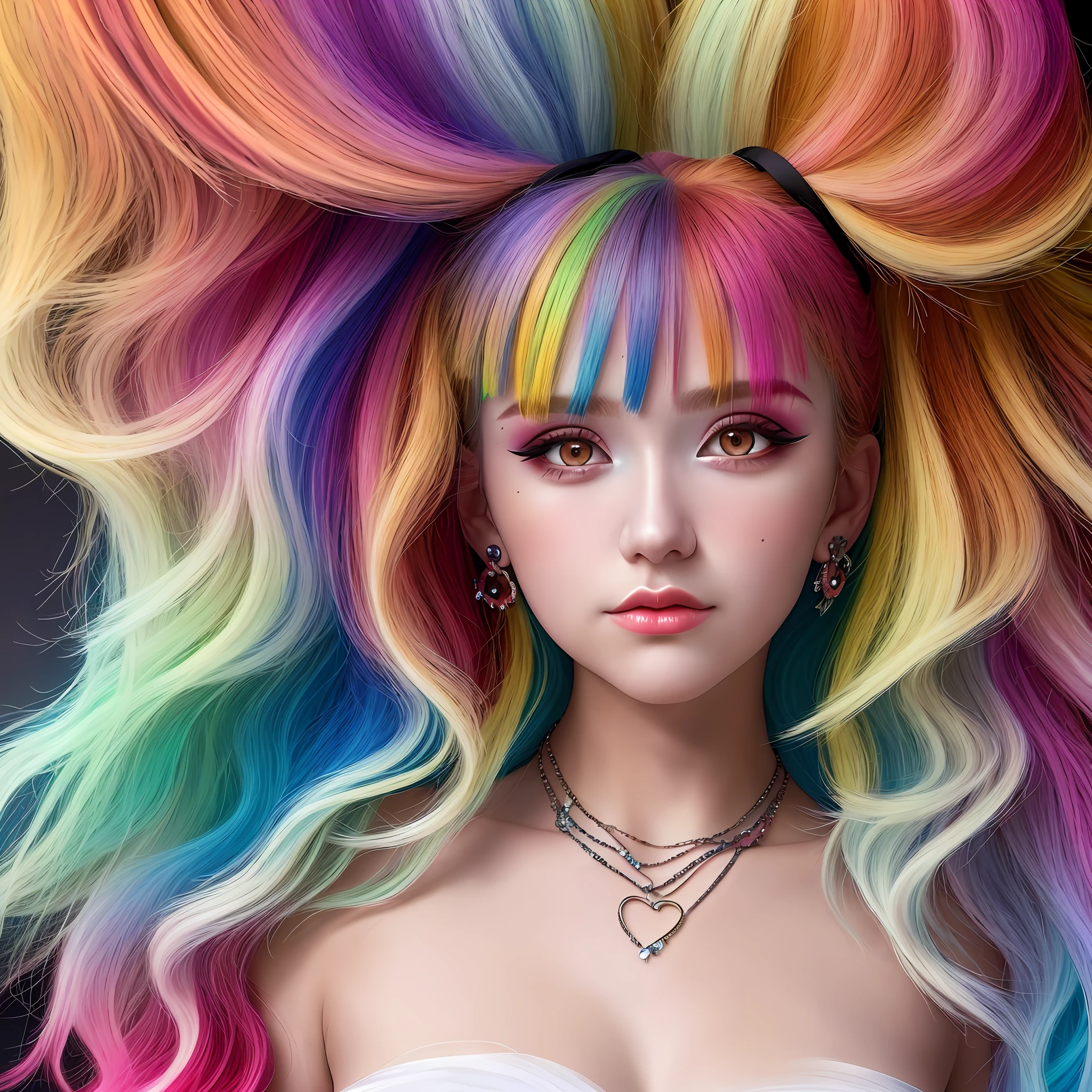 multicolored hair, hair bow, heart-shaped pupils, makeup, blonde hair, jewelry, gradient eyes, depth of field, Surrealism, glowing light, first-person view, masterpiece, textured skin, UHD