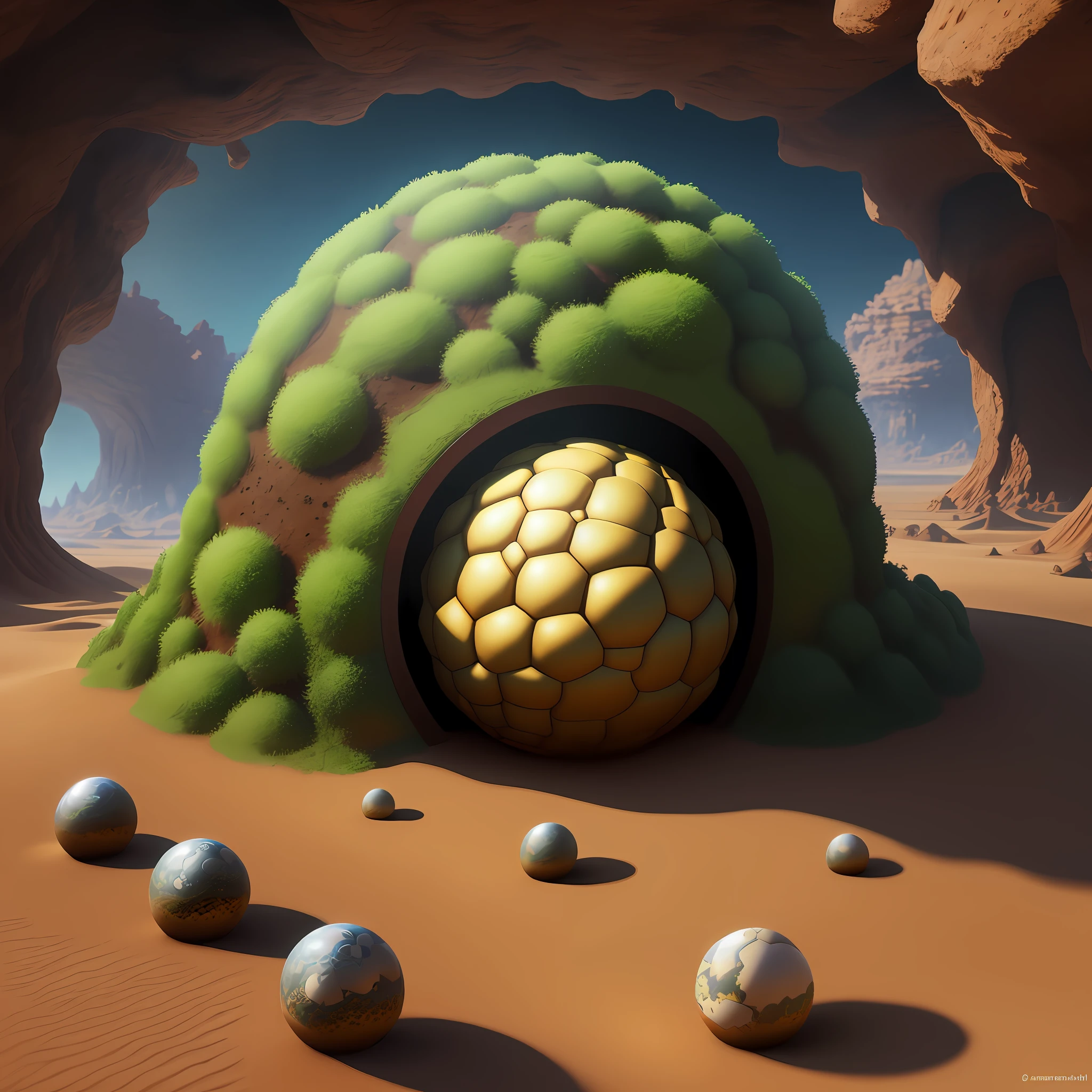 Anthill, enlarged, dragon shape, burrows, spherical dome, fantasy effects, realism, 4k --ar
