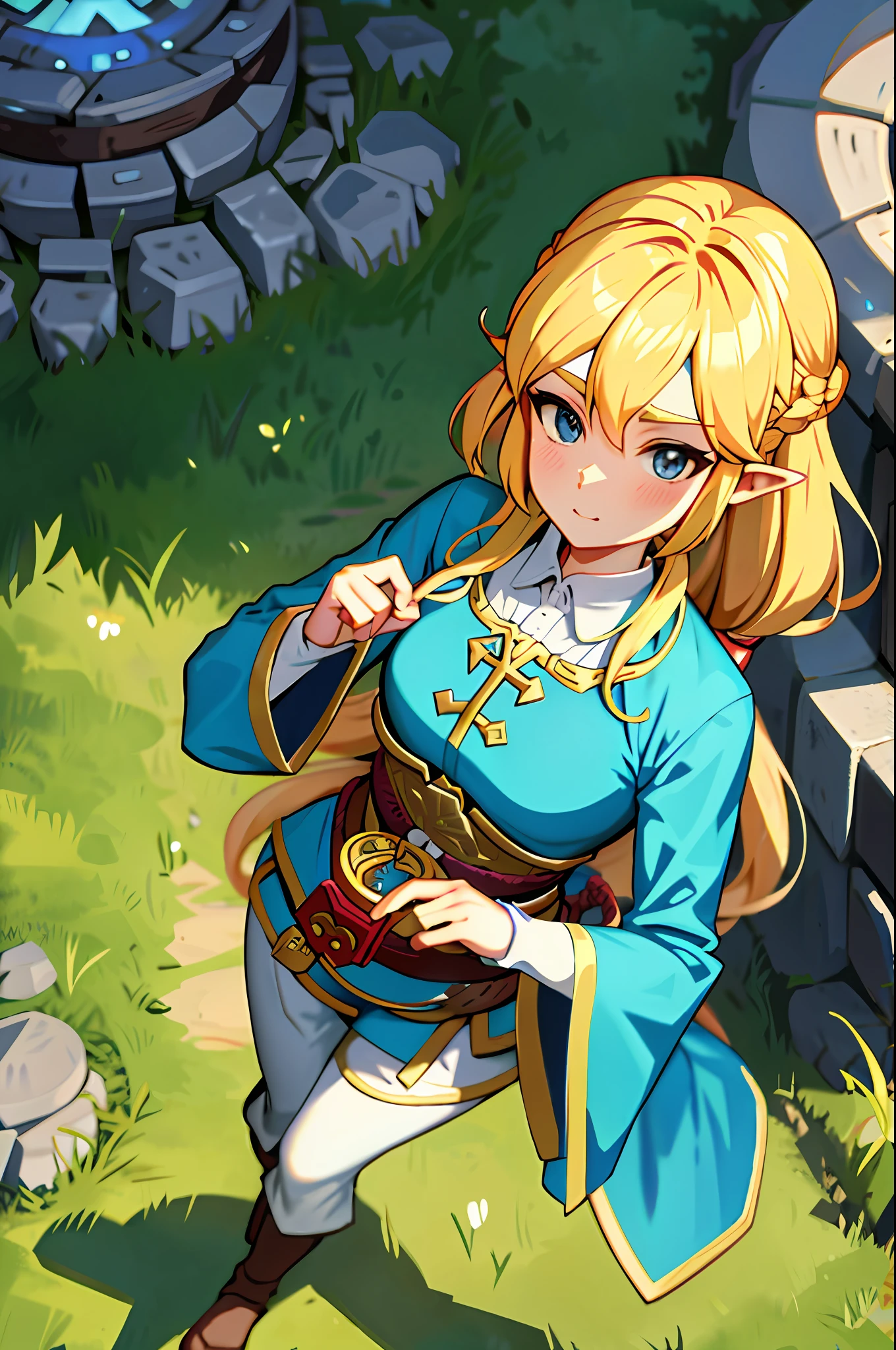 Anime cleric in temple breath of the wild art style